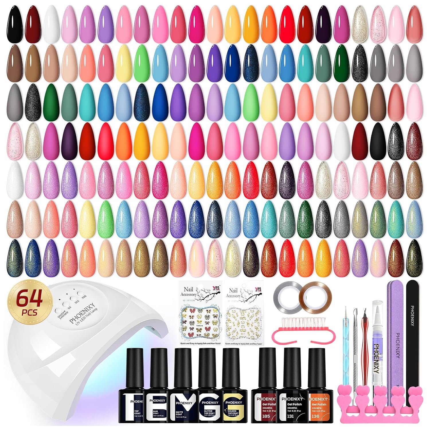 phoenixy Gel Nail Polish Kit with U V Light, 64 Pcs Gel Polish Nail Set 45 Colors All Seasons Nail Polish Set with Base and 4 Effects Top Coat Manicure Tools Complete Gel Nail Kit Gift for Women