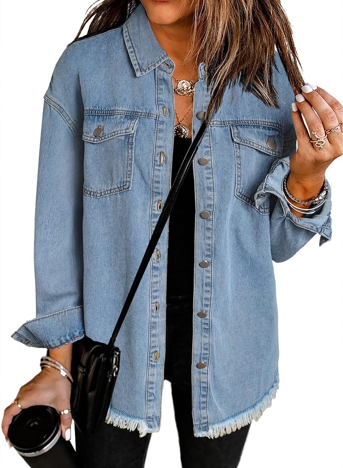 Dokotoo Womens Button Down Oversized Distressed Boyfriend Jean Jacket