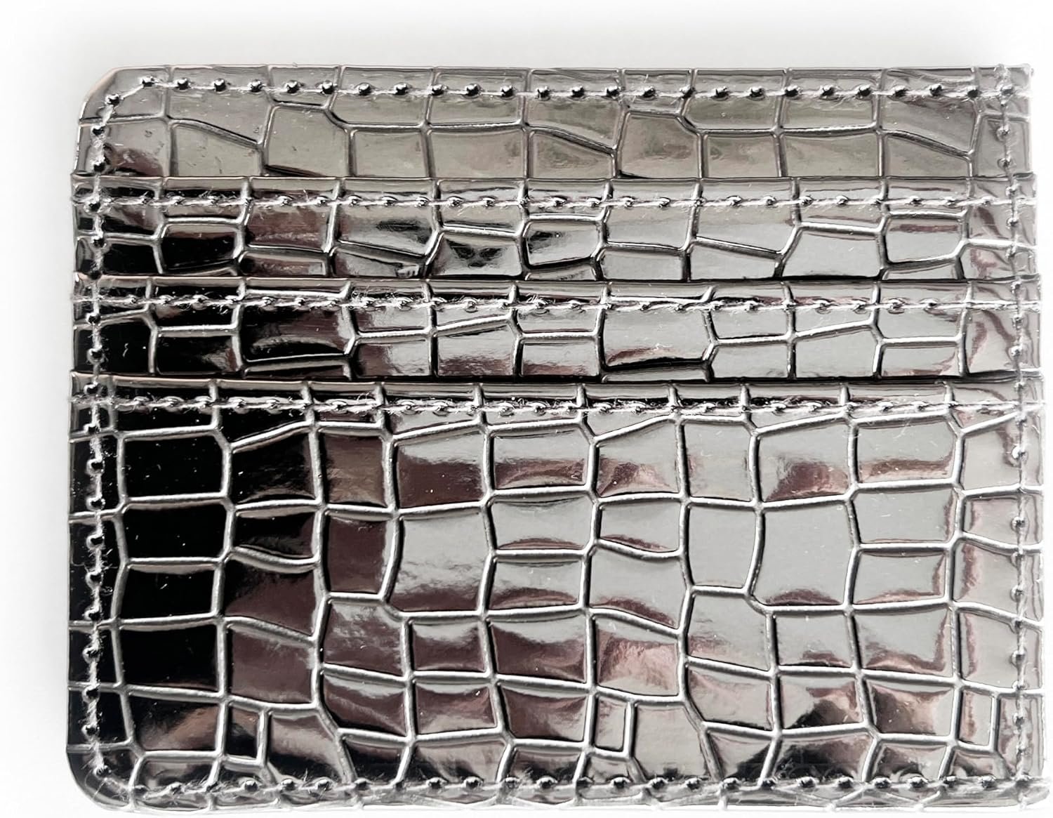 Super Shiny Slim Credit Card Holder Mini Front Pocket Wallet in Mirror Metallic Faux Crocodile pattern (Metalic Pewter)