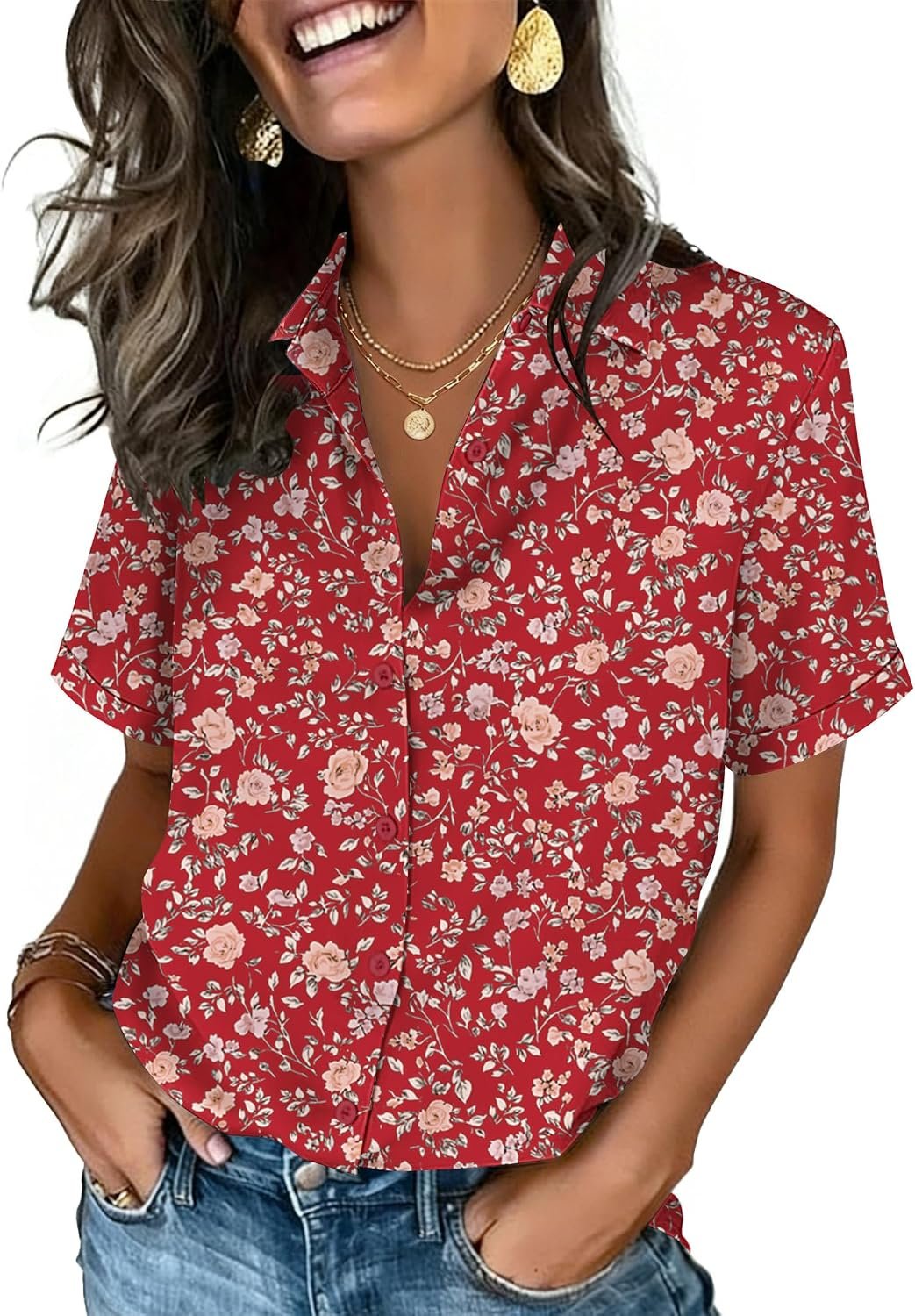 Zeagoo Button Down Shirts for Women Short Sleeve Tops Dressy Casual Blouses