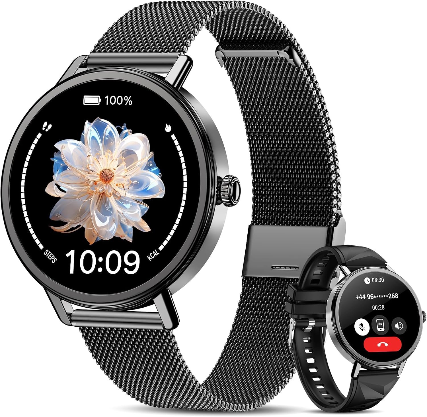 Smart Watches for Women Android / iPhone, 1.26″ AMOLED Fitness Tracker with Bluetooth Calls, 8 Days Battery Life/Heart Rate Monitor/100+Sports Model, IP68 Waterproof Women’s Smartwatches(2 Bands)
