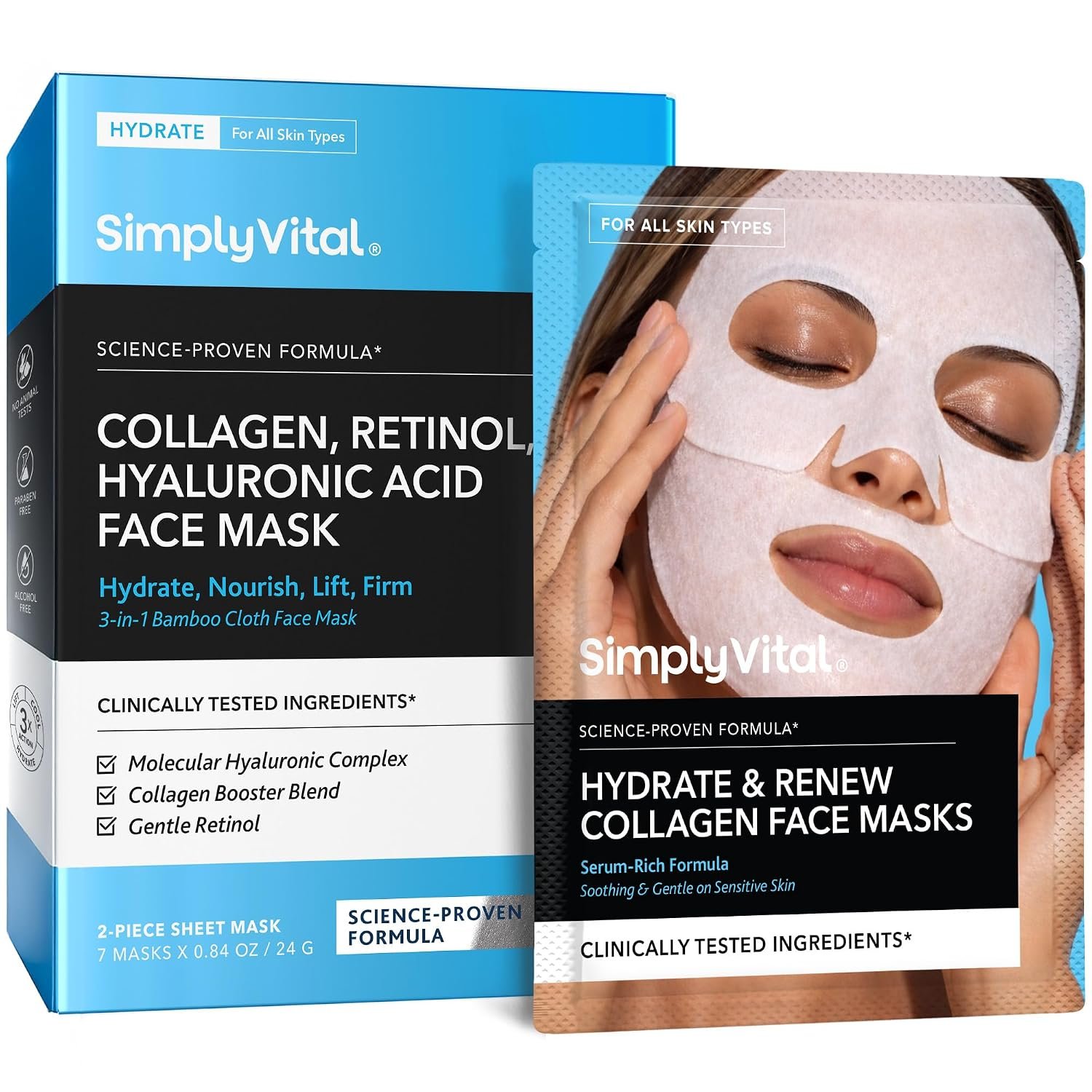 Collagen Facial Mask – Retinol Hyaluronic Acid Hydrating Sheet Mask 7 Pack | Hydrating Face Masks for Women Skin Care, Facial Masks, T Line & V Line, Cloth Sheet Feel, Daily Skincare Routine, Soft Feel