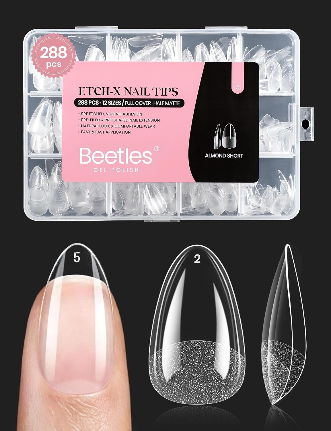 Beetles Soft Gel Nail Tips Short Almond 288pcs in 12 Sizes Etch-X