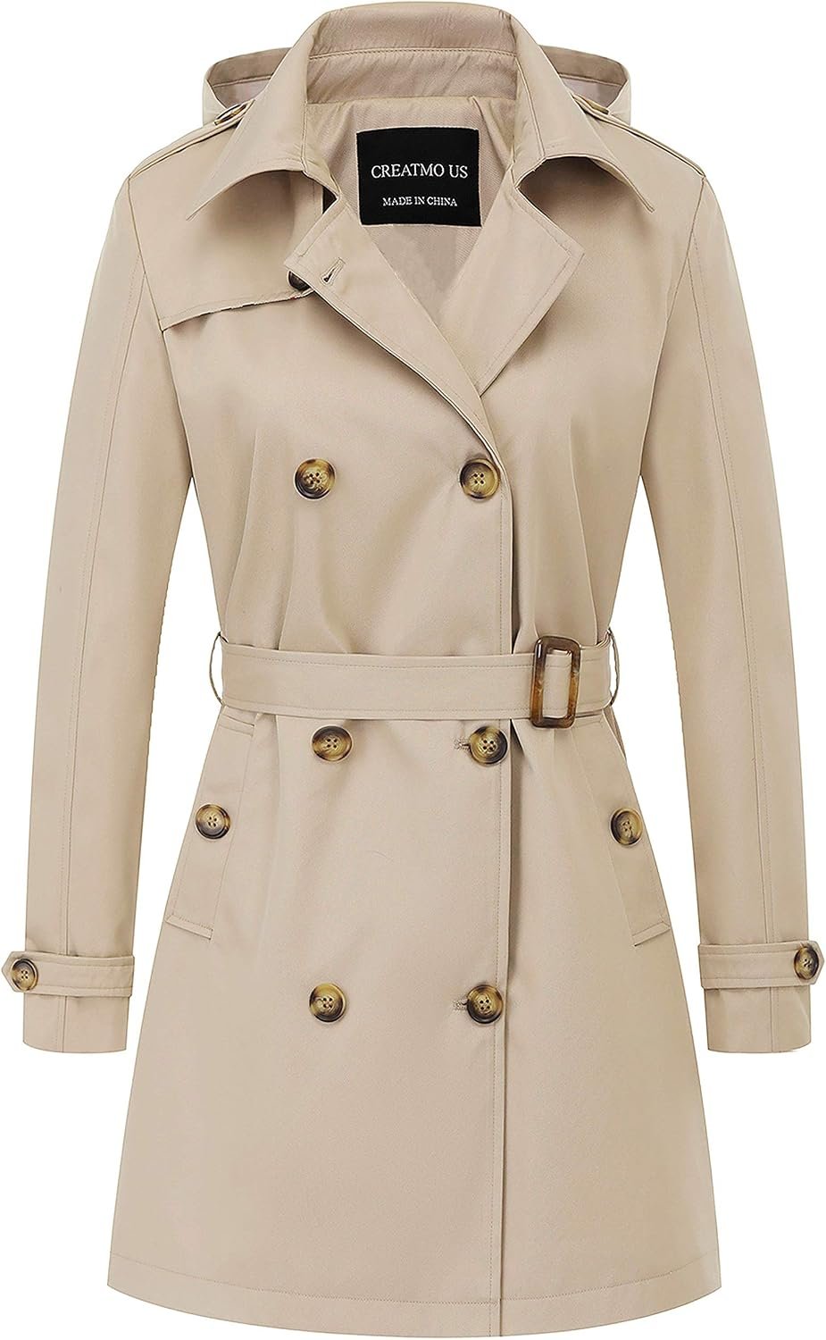 CREATMO US Women’s Trench Coat Double-Breasted Classic Lapel Overcoat Belted Slim Outerwear Coat with Detachable Hood