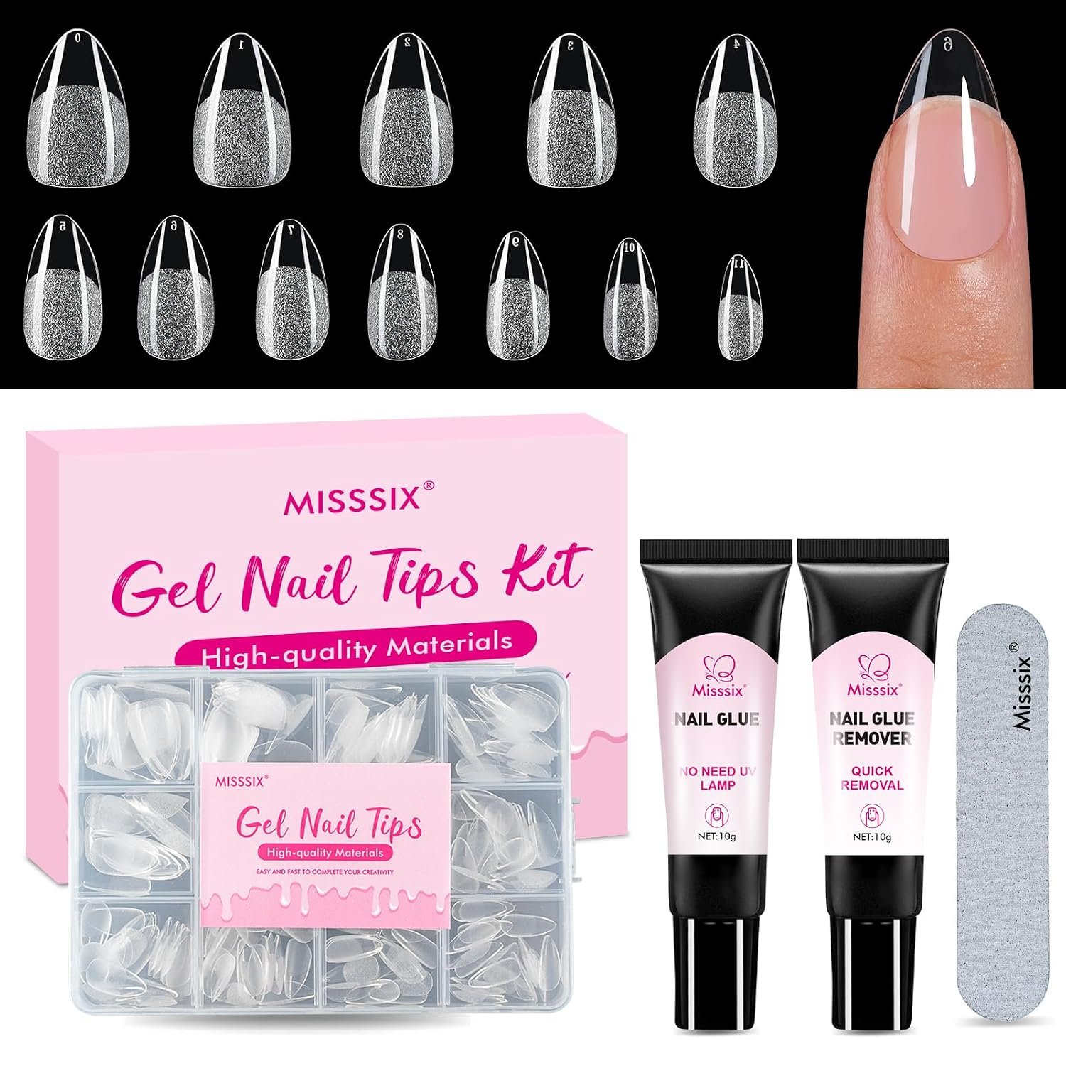 Misssix Short Almond Gel Nail Kit, 216Pcs Pre Etched Clear Fake Nail Tips