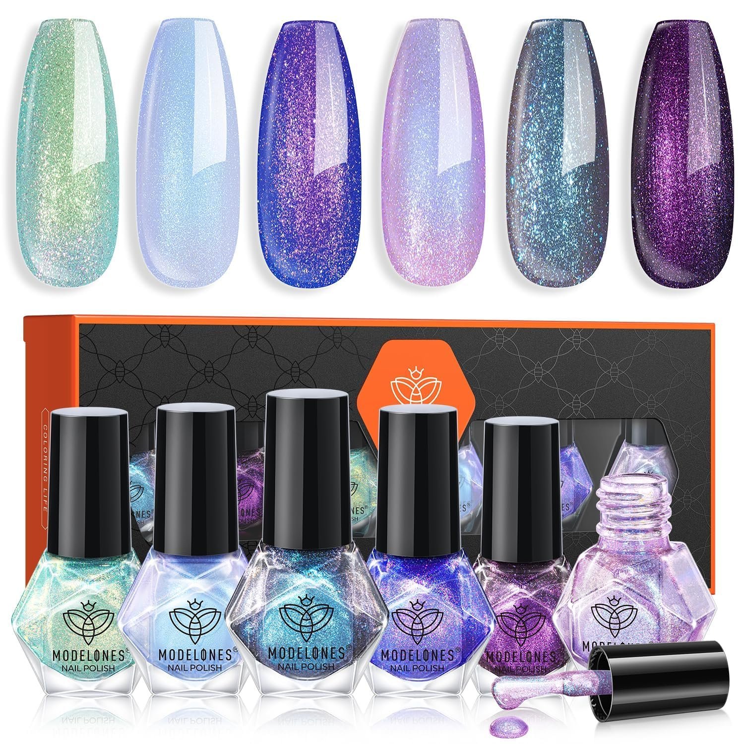 modelones Quick Dry Nail Polish Set, 6 Colors Holographic Aurora Shimmer