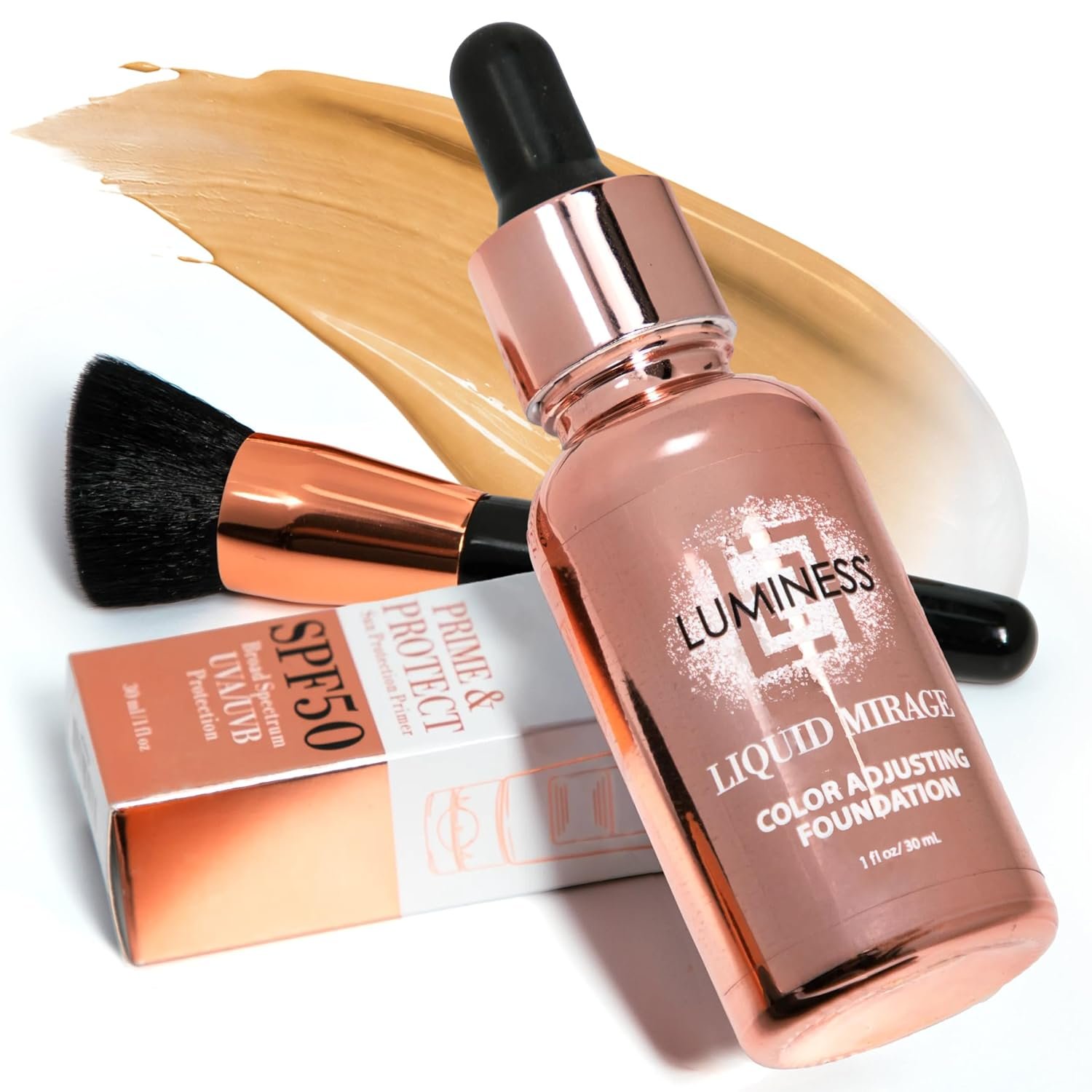LUMINESS Liquid Mirage w/SPF 50 Color Adjusting Foundation Kit – Color Changing Foundation, SPF 50 Primer & Makeup Brush, Face Makeup for Mature Skin, 4in1 Liquid Foundation, Concealer & Moisturizer
