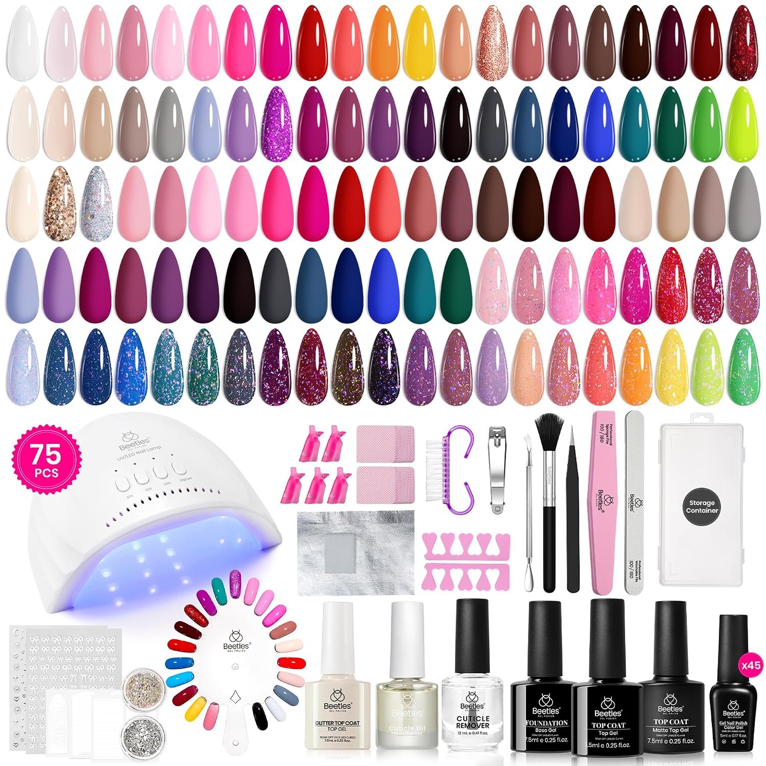 Beetles Gel Nail Kit with U V Light – 75PCS 45 Colors Gel Nail Polish Set | Chic Outfits All Season with 5PCS Base Top Coat Soak Off at Home Nails Kit Perfect Manicure Tool Set Gifts for Women