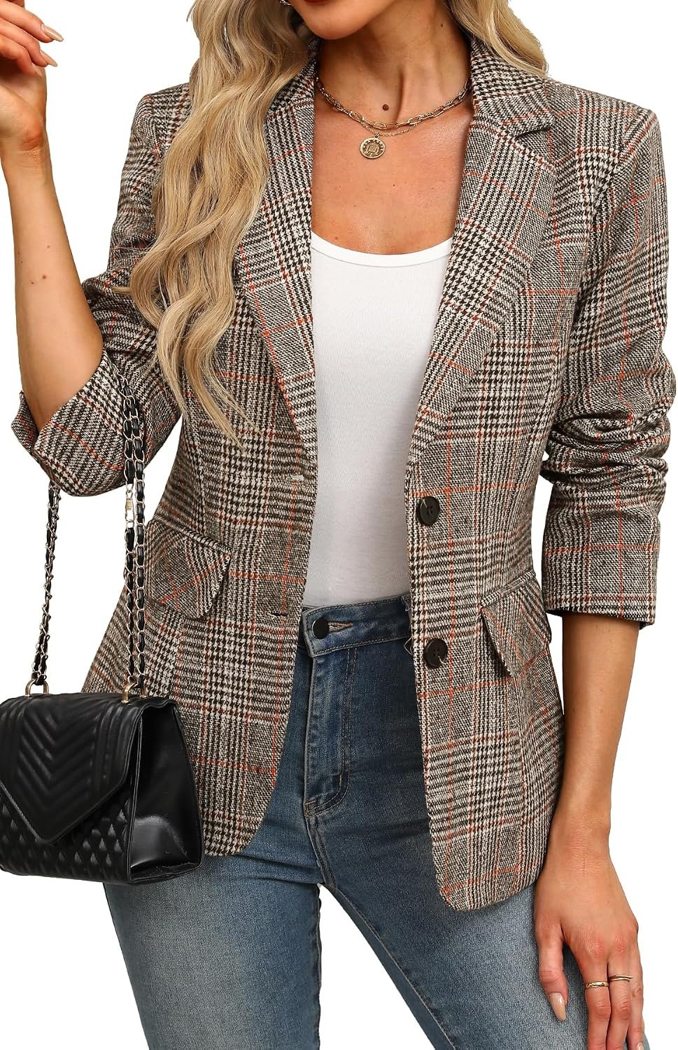 ELLEVEN Women’s Business Casual Plaid Blazer Work Office Suit Jackets