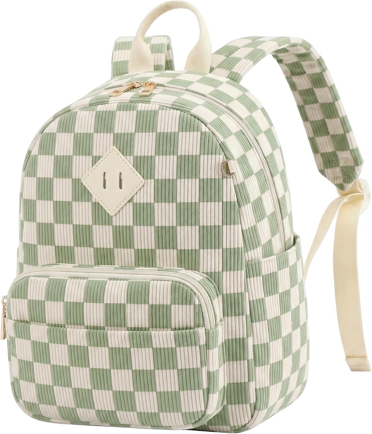 Corduroy Mini Backpack Purse, Lightweight Stylish Cute Small Bag for Women Girls, Adjustable Strap Bookbag for School College Travel Daily Daypack (Checkered Matcha Green)