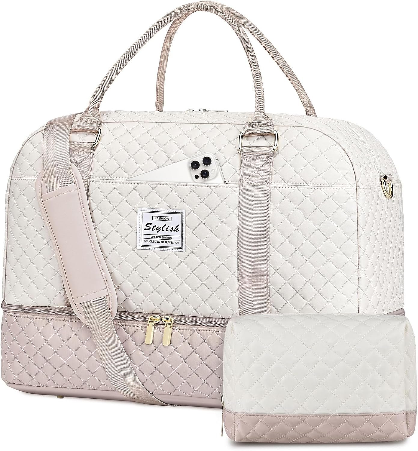 Travel Duffle Bag Weekender for Women: Travel Duffel Bag Carry-On Overnight Bag with Shoe Compartment & Wet Pocket Large Weekend Tote Bag with Gym Duffel Bag for Hospital Beige