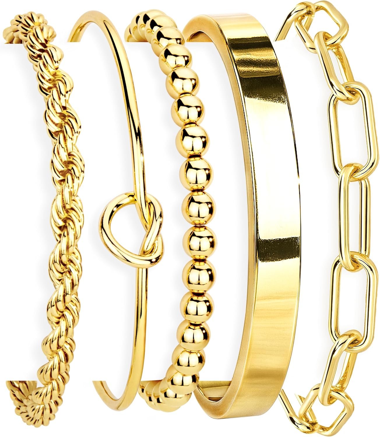 Gold Bracelets Set for Women Non Tarnish, Waterproof 14K Gold Plated Sterling Silver Chunky Cuff Bracelet Stackable Gold Bangles Bracelet for Women Trendy Fashion Accessories Tie Knot Cuban Rope Paperclip Beaded Bracelet Stack Jewelry Mothers Day Gifts for Mom Birthday