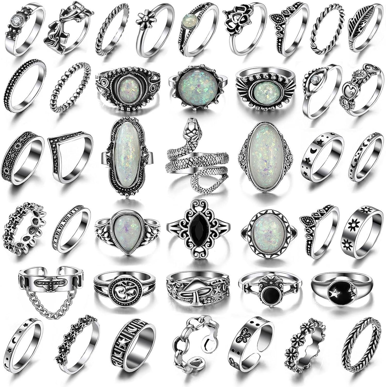 17IF Vintage Silver Knuckle Rings Set for Women Men, Chunky Boho Rings | Aesthetic Snake Grunge Stackable Gothic Ring Adjustable Y2K Punk Bulky Finger Alt of Rings, Stacking Flower Midi Ring Pack