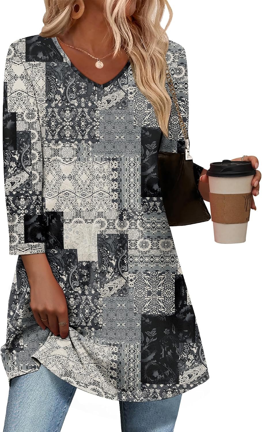 OFEEFAN 3/4 Length Sleeve Womens Tops Dressy Casual Plus Size Tunics to Wear with Leggings
