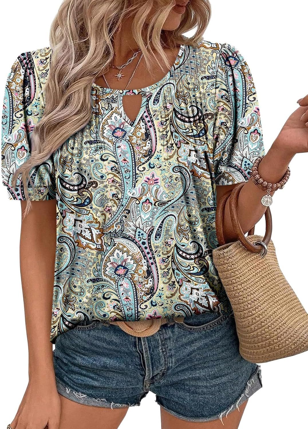KISSMODA 2026 Womens Short Sleeves V Neck Floral Summer Tunic Top Woman Boho Tunics Tops