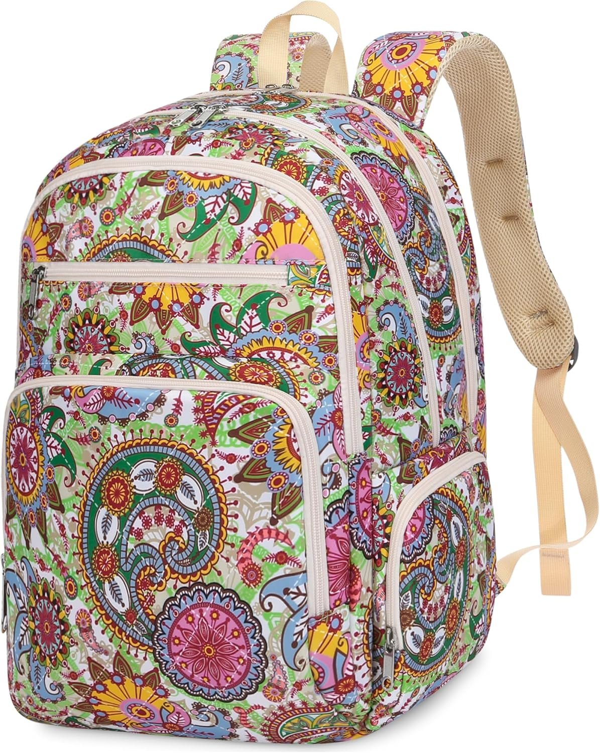 Large Backpack for Women Backpack with Lots of Pockets for Travel Work School Bookbag with Laptop Compartment for High School College Girls Mochilas Morrales para Mujer (Beige/Green, Paisley)