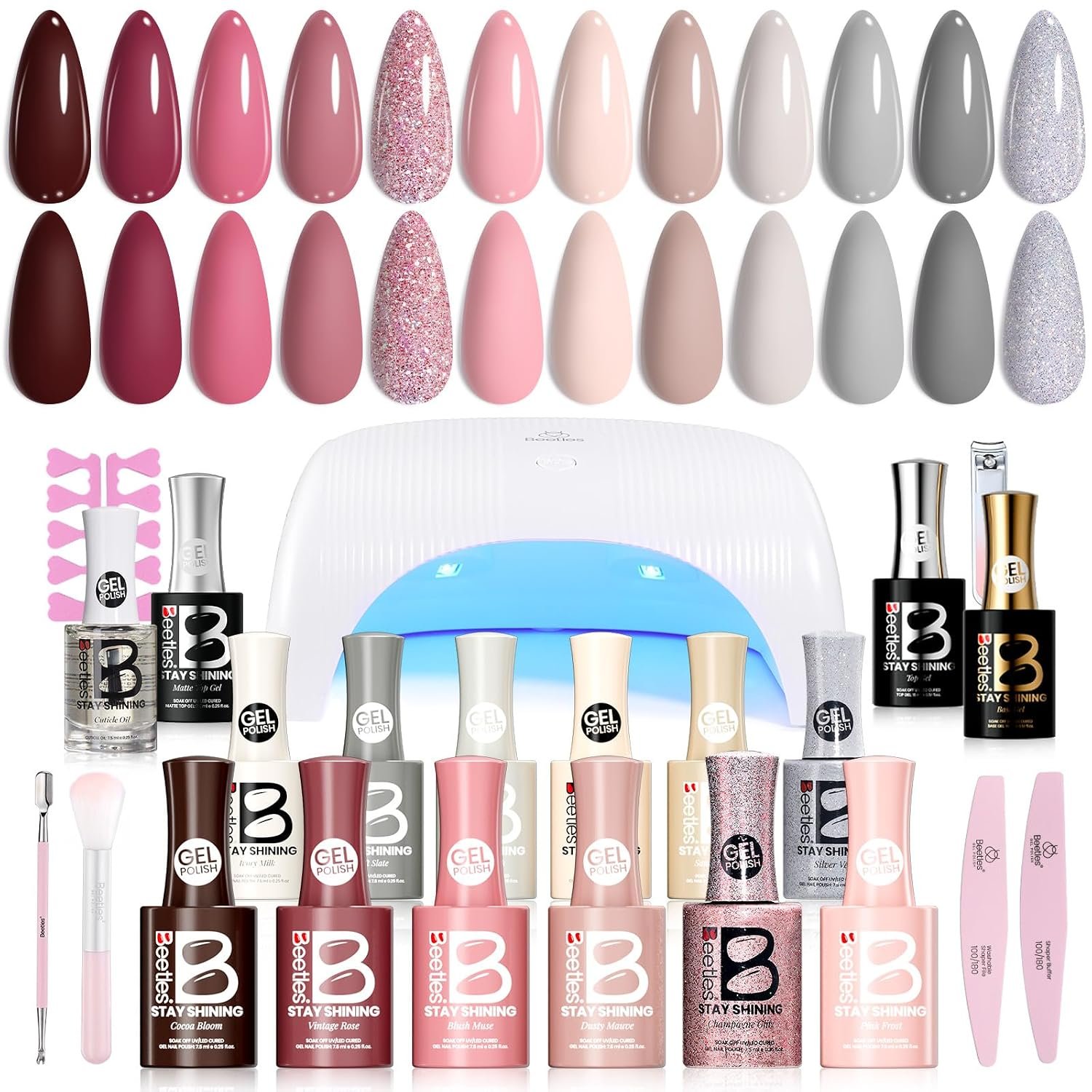 Beetles 23 Pcs Gel Nail Polish Kit with U V Light, 12 Color Gel Polish Kit
