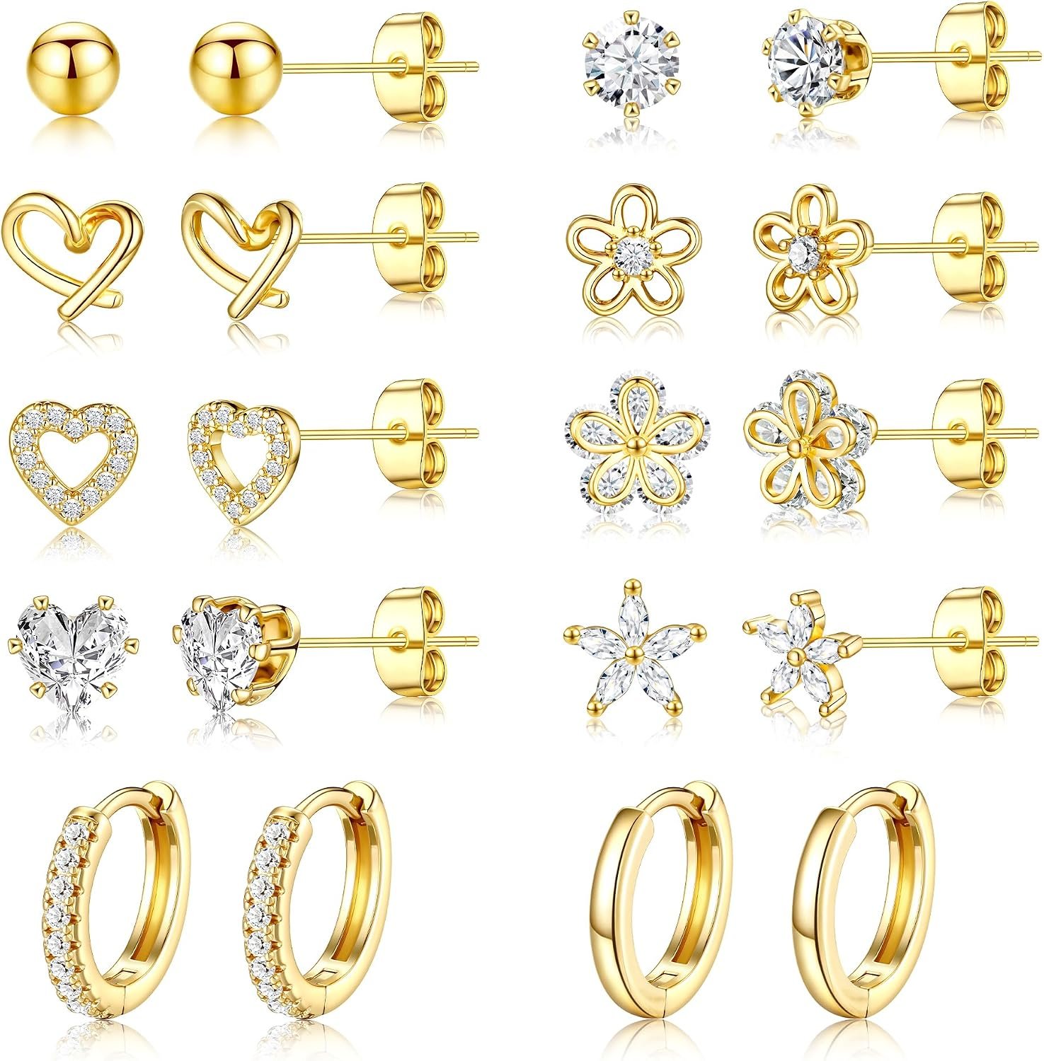Small Gold Stud Earrings Set for Women – 14K Gold Plated CZ Huggie Hoops Hypoallergenic Earrings Dainty Flower Heart Stud Earrings for Jewelry Gift