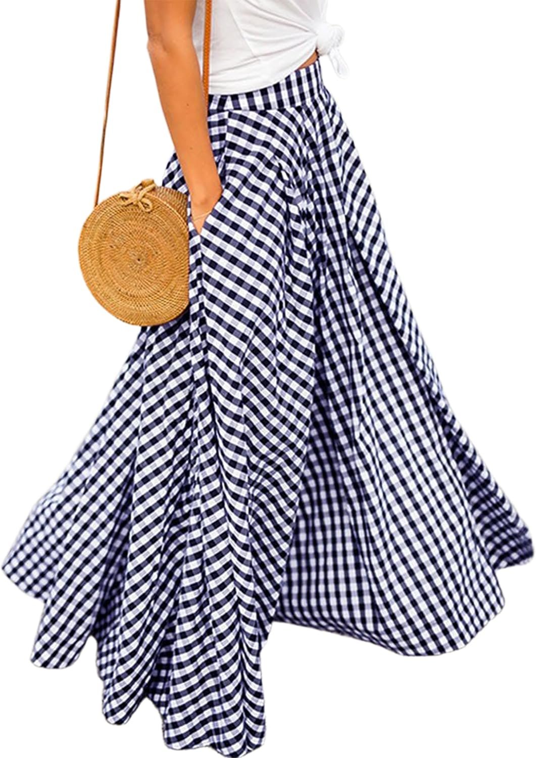 Women’s Gingham Plaid Maxi Skirt High Waist A-Line Pleated Long Skirt