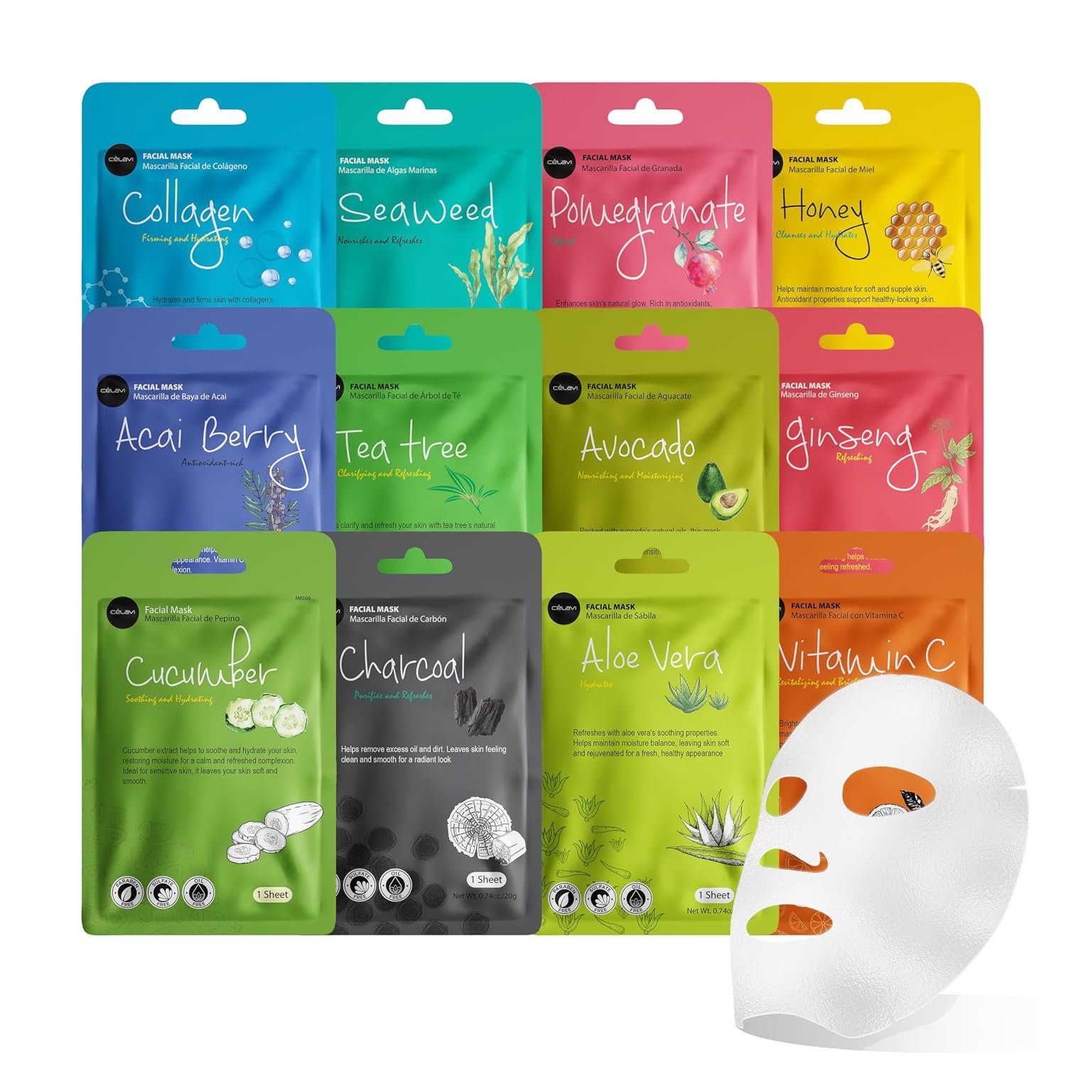 Celavi Korean Face Mask Sheet Set, Facial Spa Masks for Women, 12 Pack