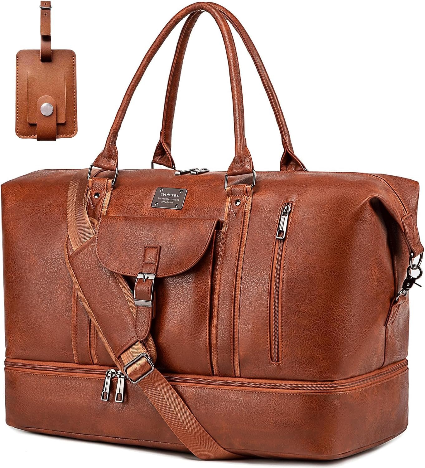 weiatas Faux Leather Travel Duffel Bag for Women Men, Large Weekender Overnight Bag with Shoes Compartment, Waterproof Carry On Bag Travel Tote Bag Gym Bag with Luggage Strap (Brown)