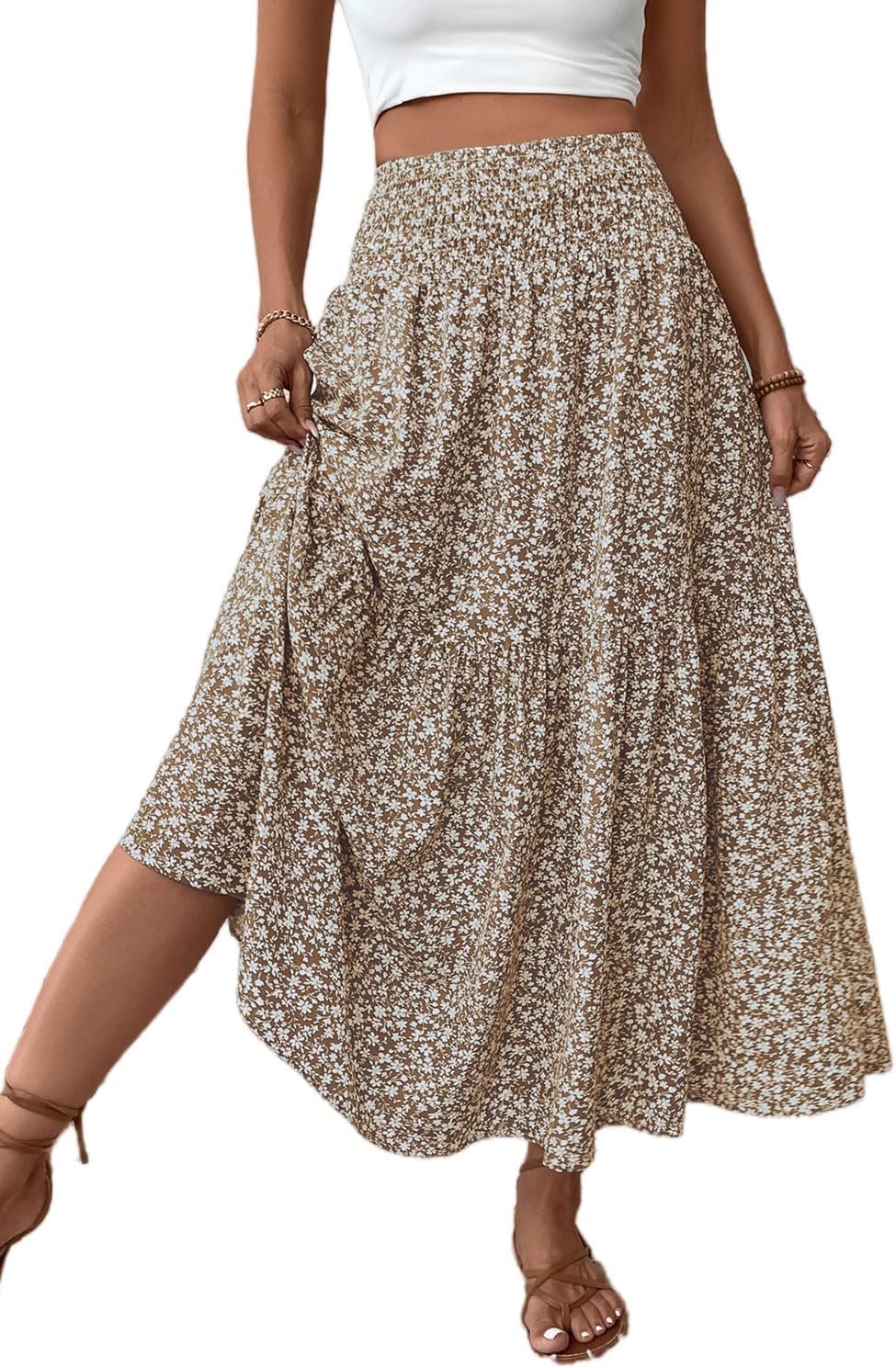 Women’s Smocked High Waist Maxi Skirt Casual Boho Long Skirts with Pockets