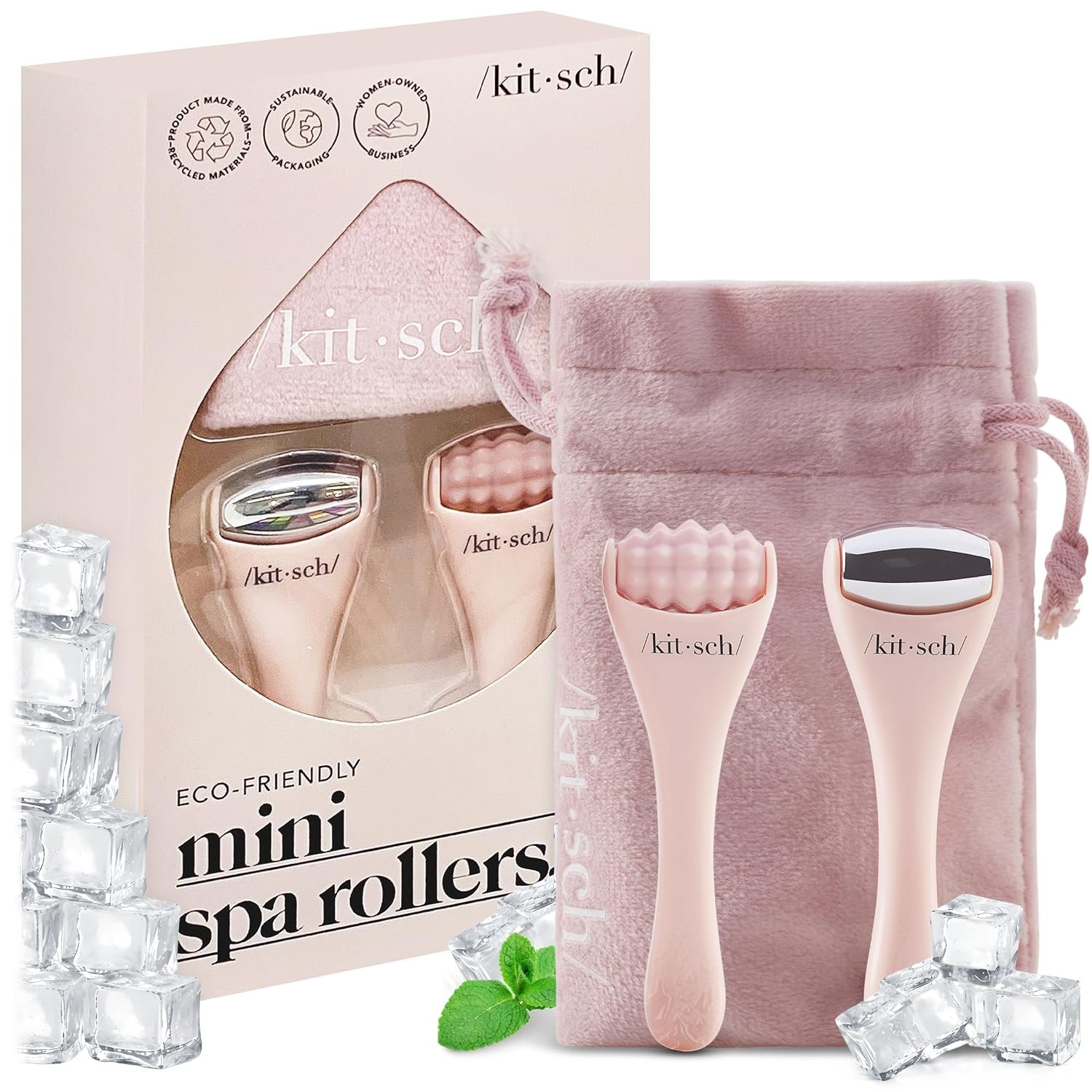 Kitsch Mini Ice Roller for Face Tool Set – Cooling Face Rollers – Blush | Stainless Steel Ice Face Roller to Reduce Puffiness, Redness & Headaches – Cooling Ice Roller for Face Women for Skin Care