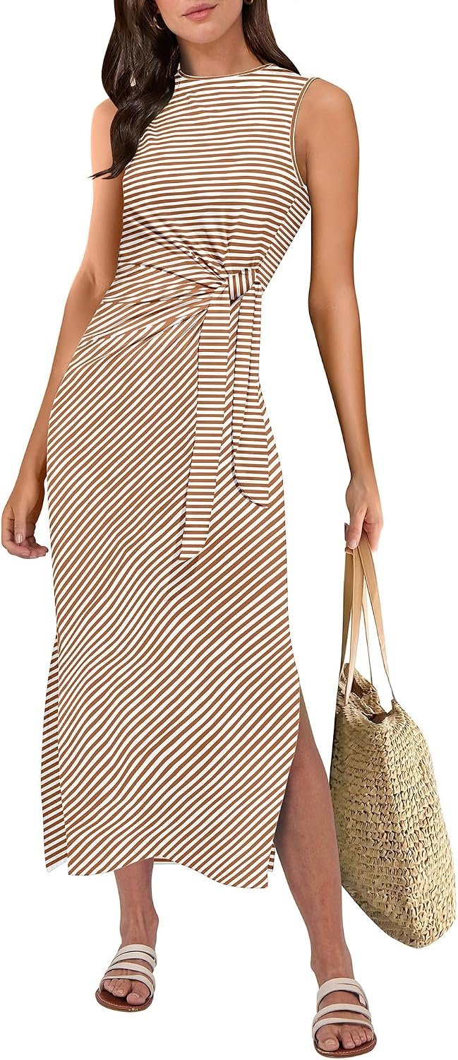 ANRABESS Womens Summer Casual Sleeveless T Shirt Midi Dress Slim Fit Tie Waist Split Tank Long Dresses 2026 Vacation Sundress
