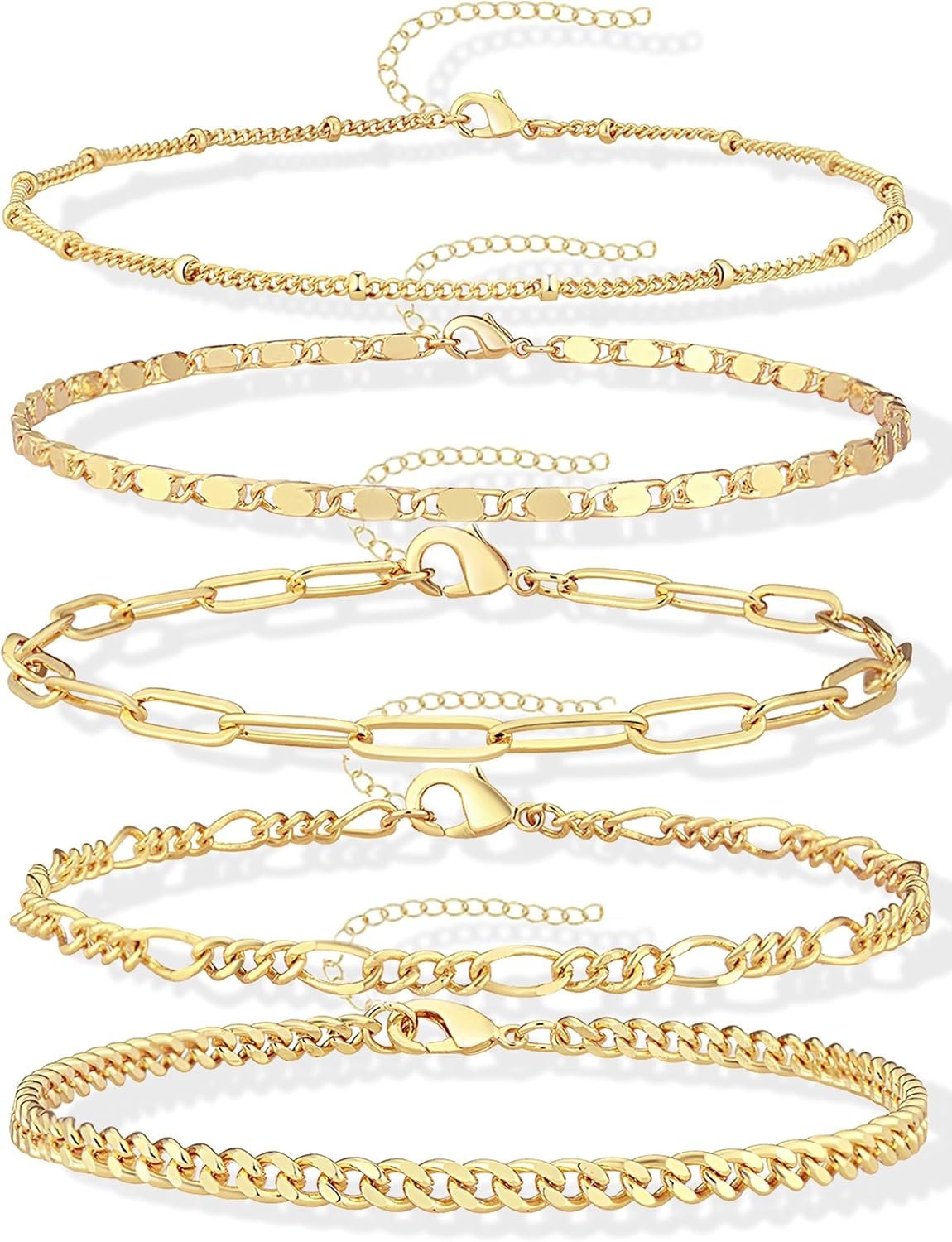 Gokeey Ankle Bracelets for Women Waterproof, 14k Gold Plated Jewelry Set Layered Cuban Figaro Link Chain Anklets Set Gold Anklets Summer Boho Beach Jewelry Gift Adjustable Size