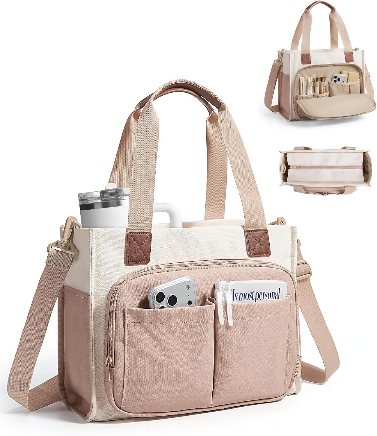 BAGSMART Canvas Tote Bag for Women, Small Work Tote Bag with Zipper | 30oz/40oz Tumble & 11 Pockets Travel Tote, Teachers/Nurses, Lightweight Canvas or Water-Resistant Puffer Taslon Crossbody Bag
