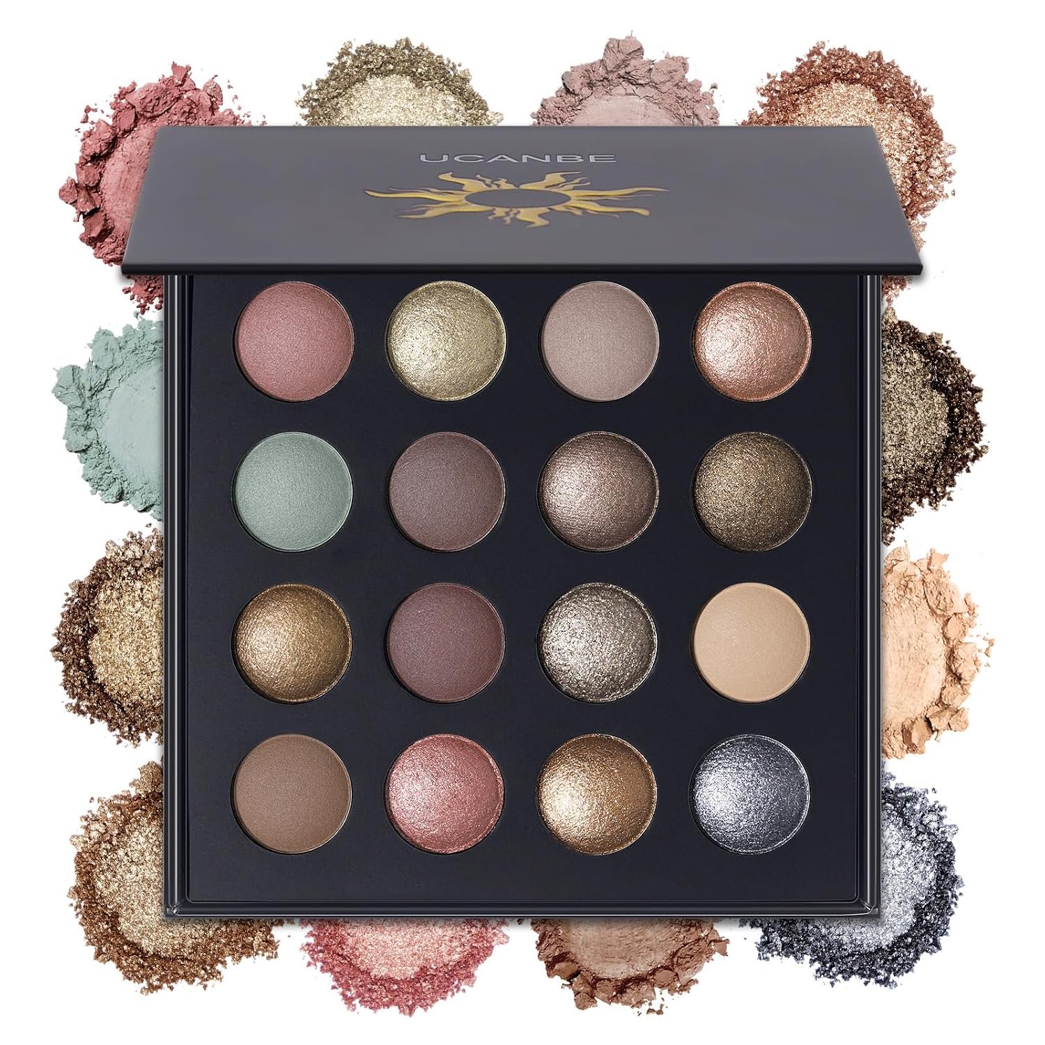 UCANBE Baked Eyeshadow Makeup Palette with Hidden Gems, 16 Colors Nude Eye Shadow with Matte Glitter Metallic Shimmer, Highly Pigmented Long Lasting Make Up Pallet