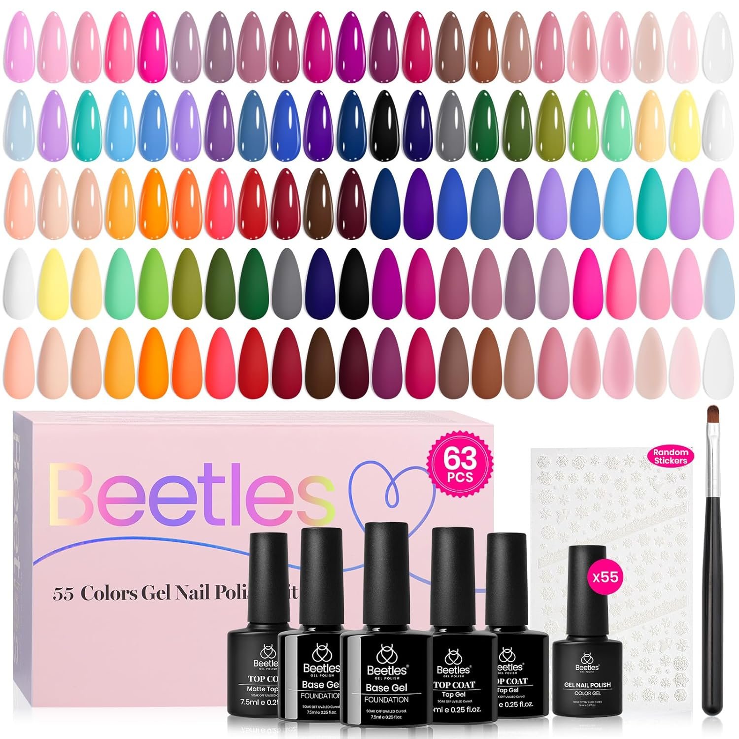 Beetles Gel Nail Polish Set, 63 PCS 55 Colors Gel Polish Kit with Base Coat