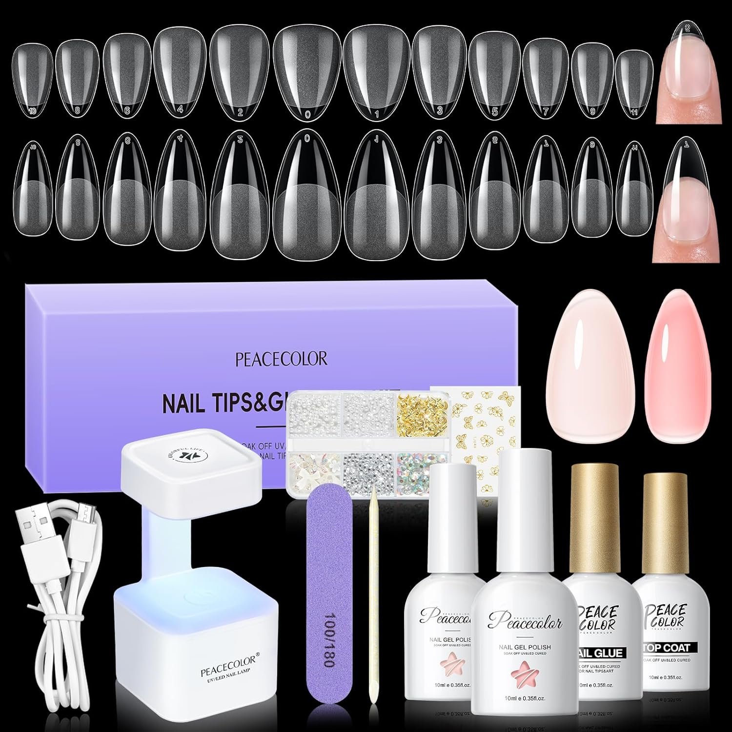 PEACECOLOR Gel Nail Kit, Short Medium Almond,240Pcs 12 Sizes Nail Tips with Nail Glue Mini Nail Lamp Clear Pink Jelly Gel Polish Pre-Etched Press on Fake Nail Extension Set DIY Gifts for Women