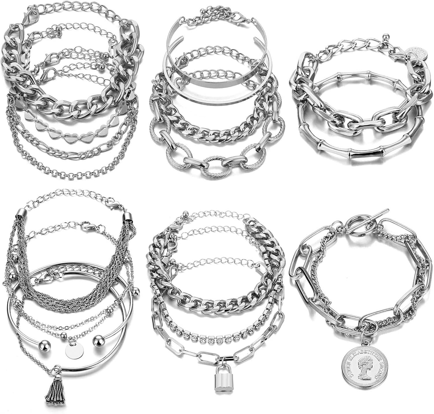 17IF 18-25 PCS(6 Pack) Boho Gold Silver Stackable Bracelets Set for Women