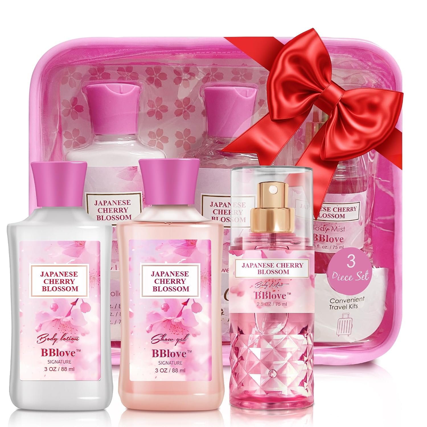 Japanese Cherry Blossom Bath Set, 3PC Travel Size Shower Gel, Lotion & Mist