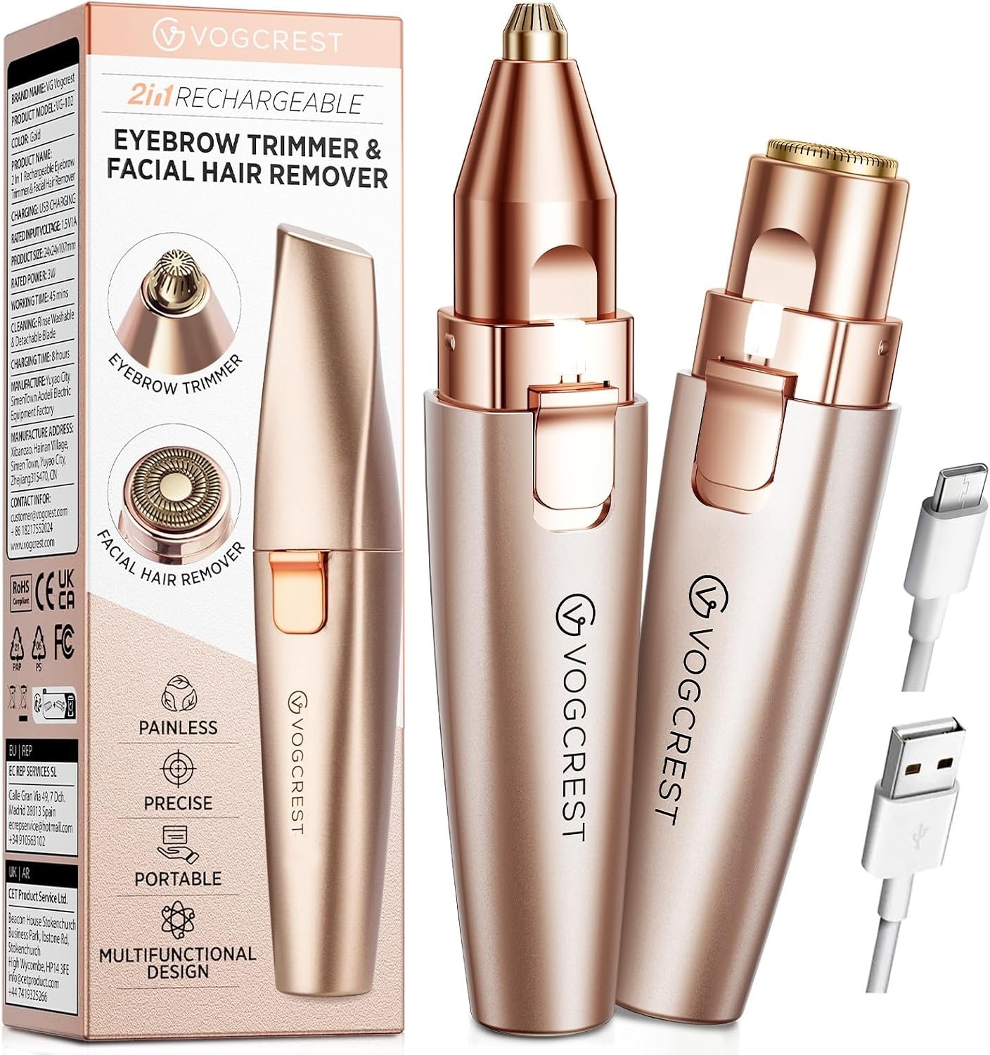 VG VOGCREST Eyebrow & Facial Trimmer: 2 in1 Rechargeable Facial Hair Removal & Eyebrow Shaver – Body Razor with Built-in LED Light (Rose Gold)