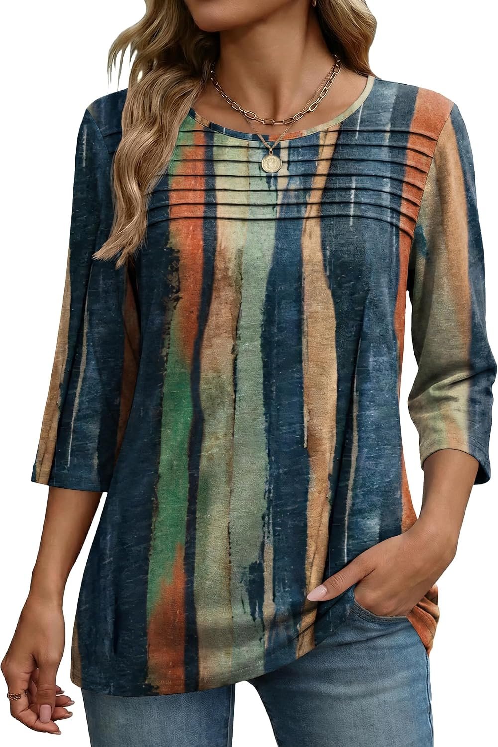 Zeagoo Womens Tops 3/4 Sleeve Blouses Dressy Casual Shirt Pleated Tunic | Crew Neck, Fashion Casual Dressy, Summer Blouse, Fall Outfits, Ladies Tunic Top，Loose Fit Boho Clothes