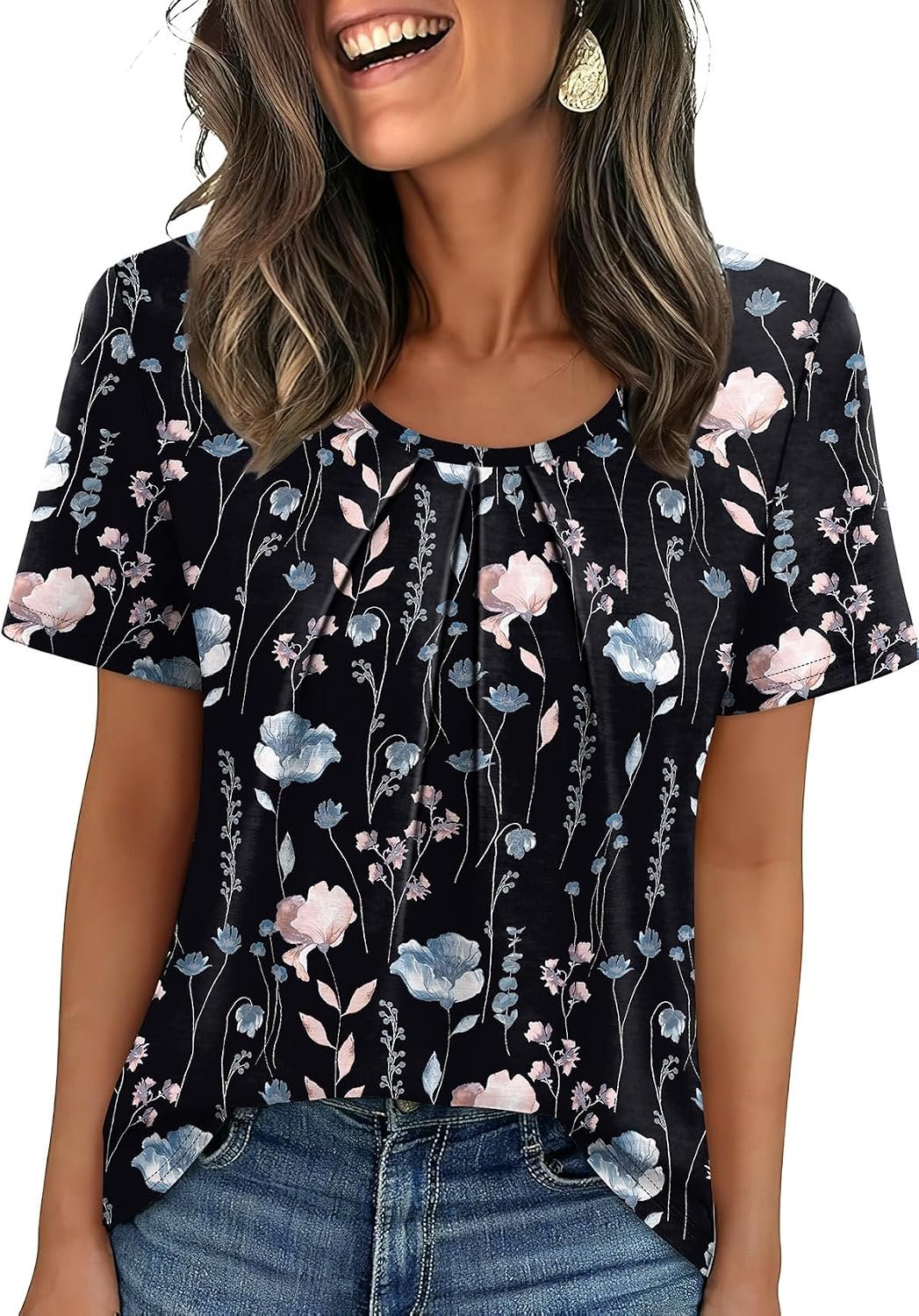 WIHOLL Women T Shirts Pleated Short Sleeve Tops Business Casual Blouses