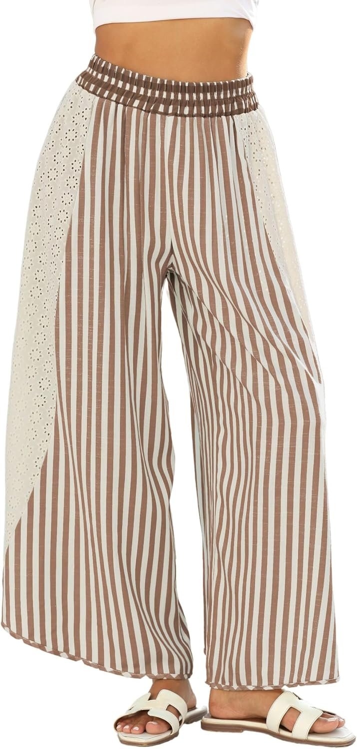 Athlisan Womens Summer Casual Loose Striped Wide Leg Lounge Pants Elastic Waist Palazzo Trousers