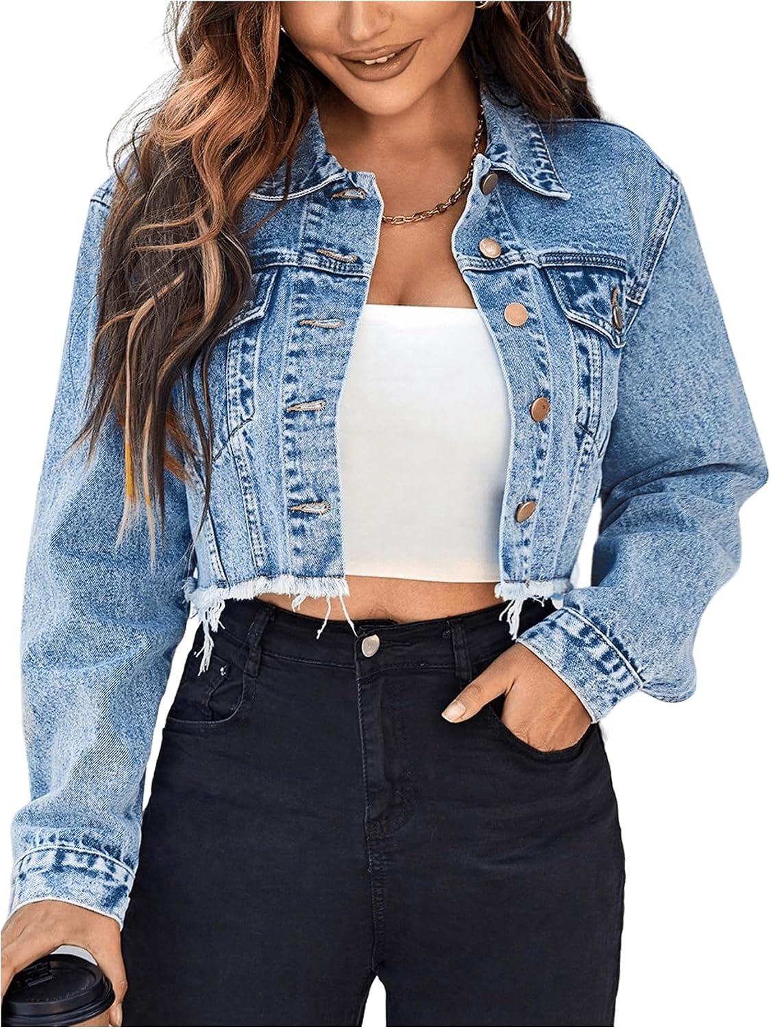 Floerns Women’s Cropped Denim Jean Jacket Raw Hem Long Sleeve Button Down