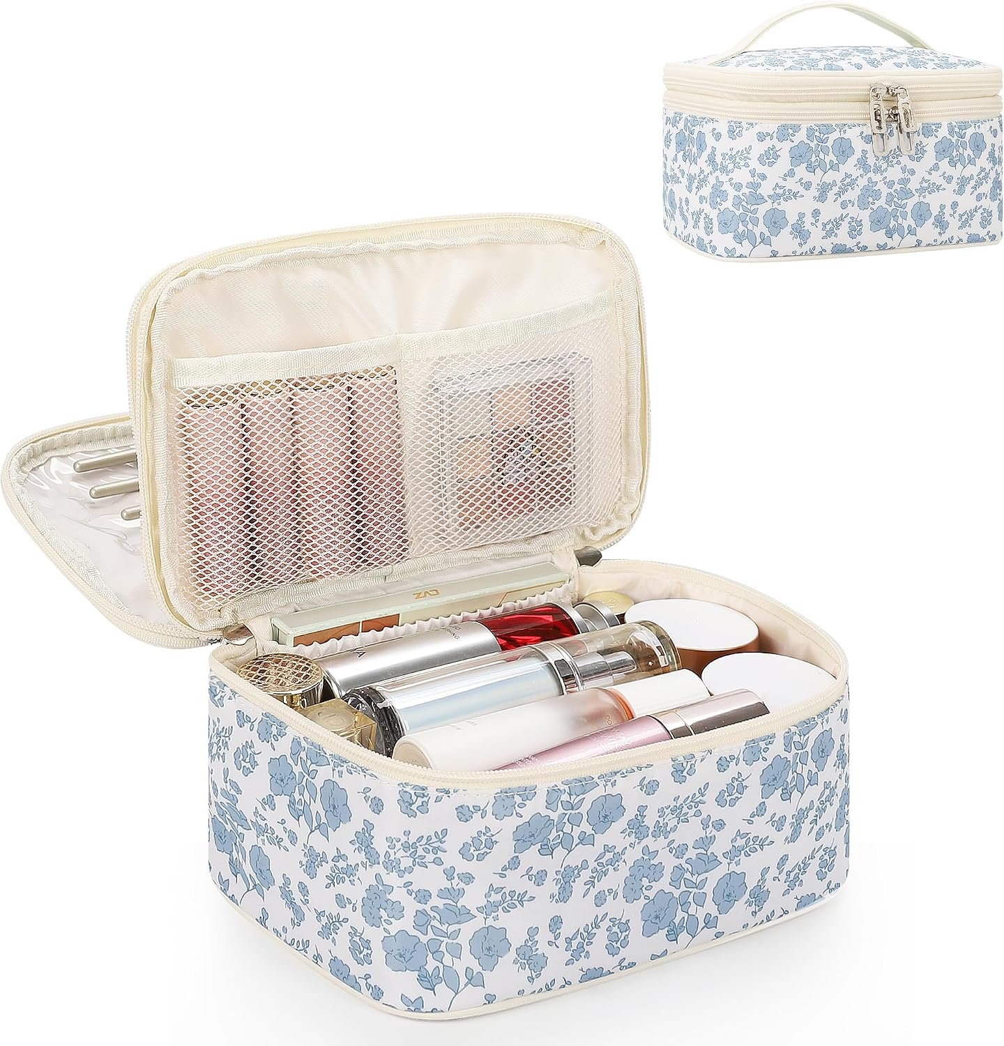 Relavel Travel Makeup Bag, Floral Cosmetic Bag with Brush Compartment