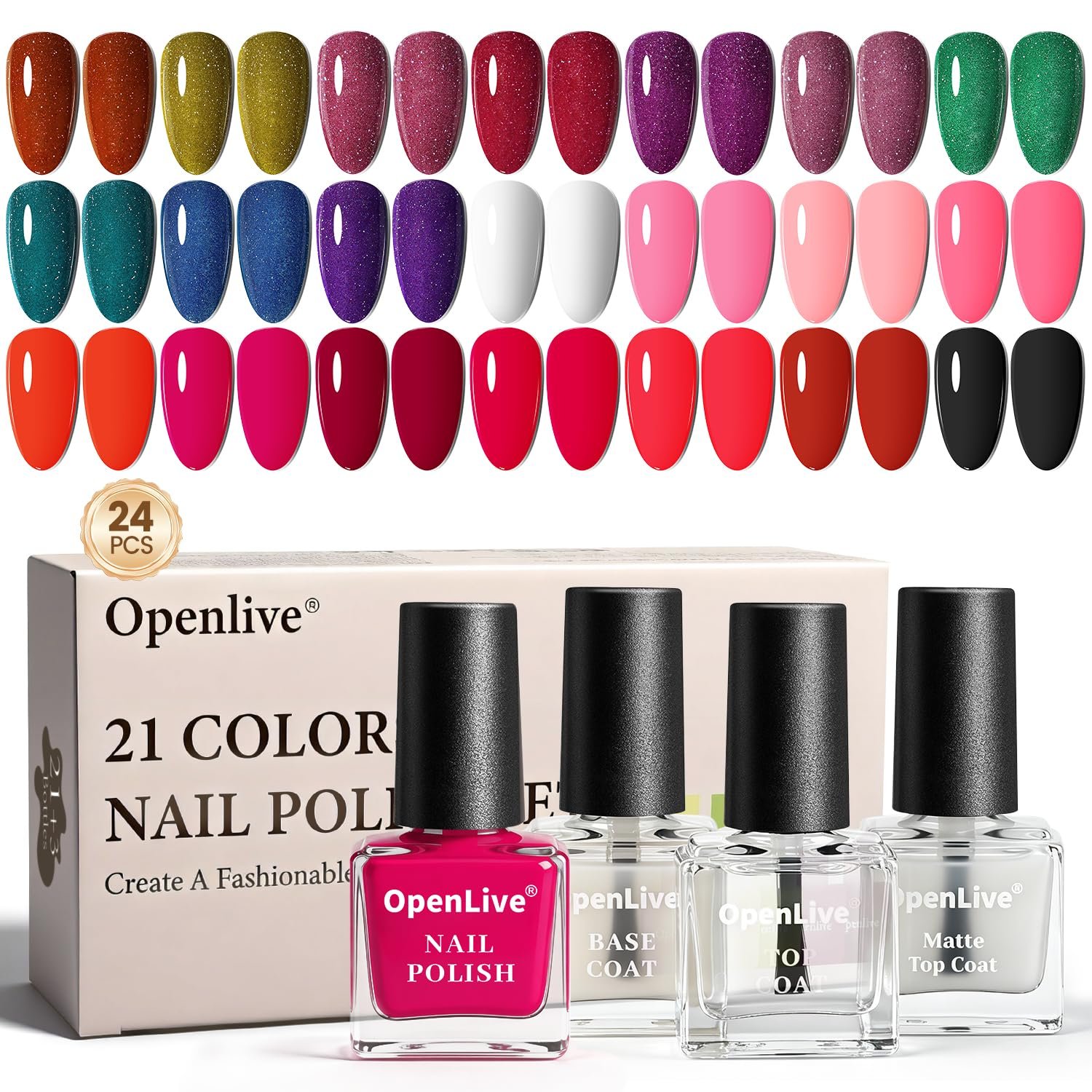 OpenLive 24Pcs 5ML Nail Polish Set Black Pink Red Glitter Green