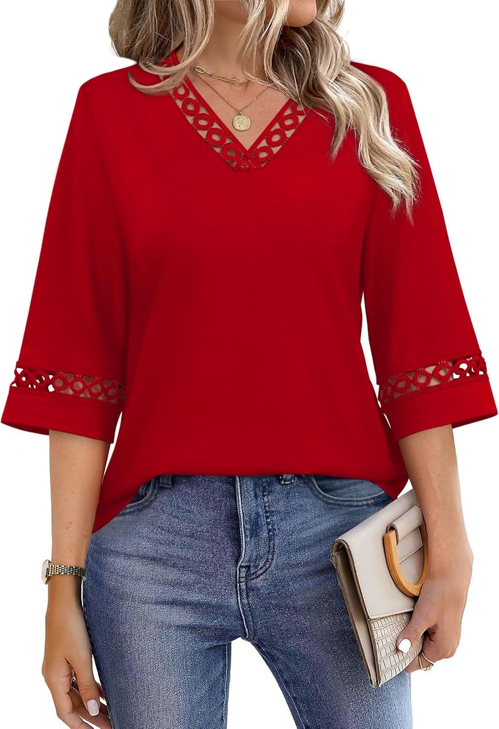 WIHOLL Womens Tops Eyelet Lace V Neck 3/4 Bell Sleeve Blouses Dressy Casual Work Shirt 2026 Summer Fall Fashion Clothing