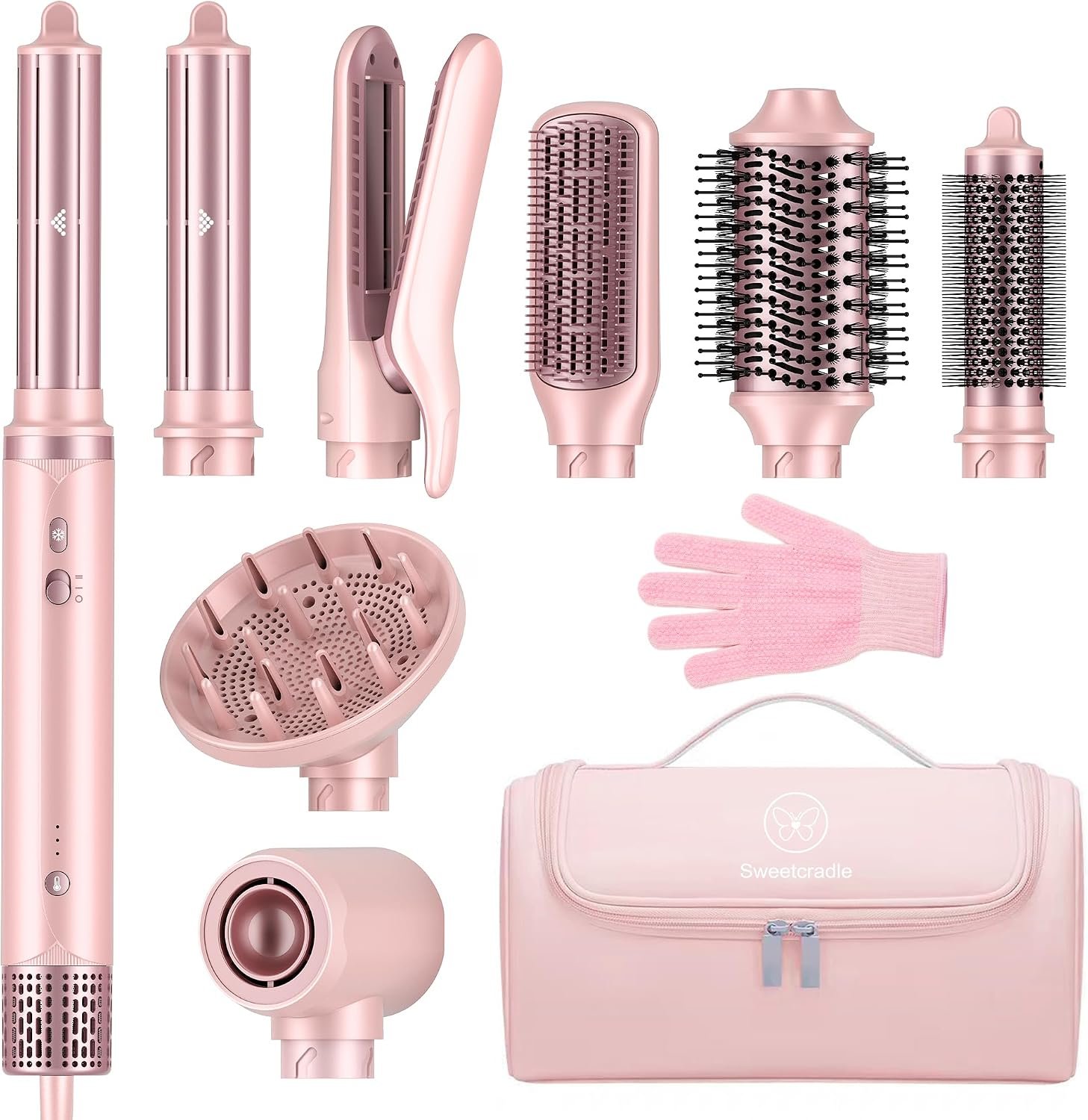 8-in-1 Hair Styler & Hair Dryer Brush Set, Dual Voltage Ionic Blow Dryer with Wrap Curlers & Hair Straightener, Fast Drying Volumizing Curling Straightening, No Heat Damage, Gifts for Women