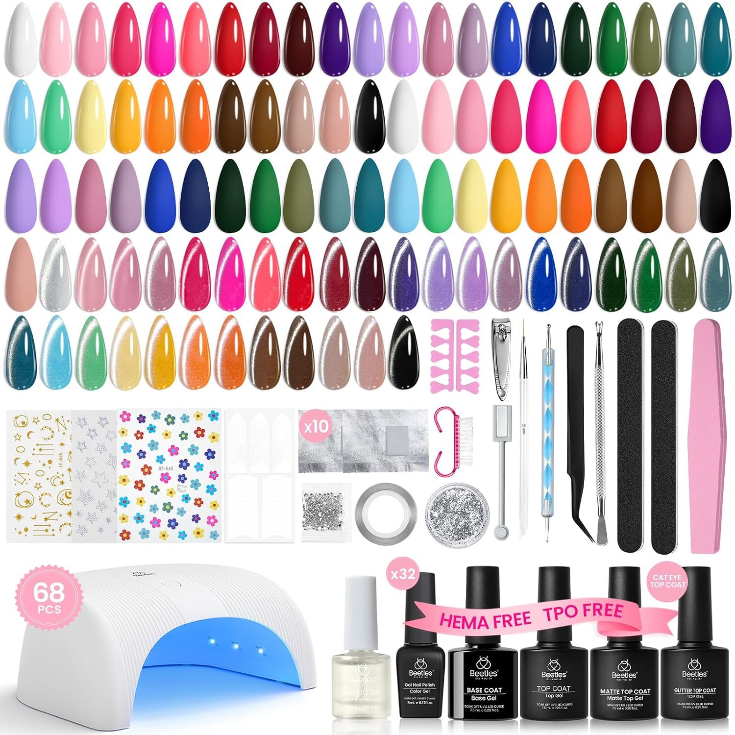 Beetles Deal Box Gel Nail Polish Kit with UV Light, 32 Colors 68pcs DIY Set