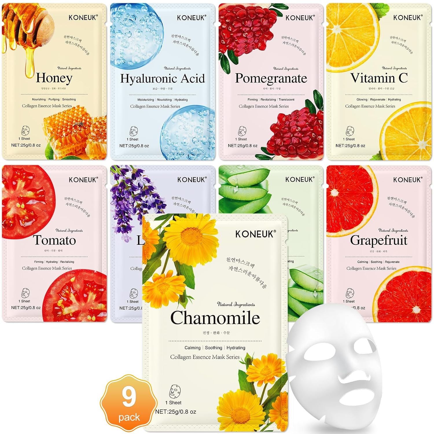 9 Pack Collagen Face Masks Skincare for Women, Hydrating Sheet Face Masks