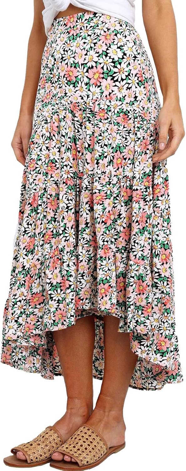 PRETTYGARDEN Women’s Ditzy Floral Print Midi Skirt High Low Hem