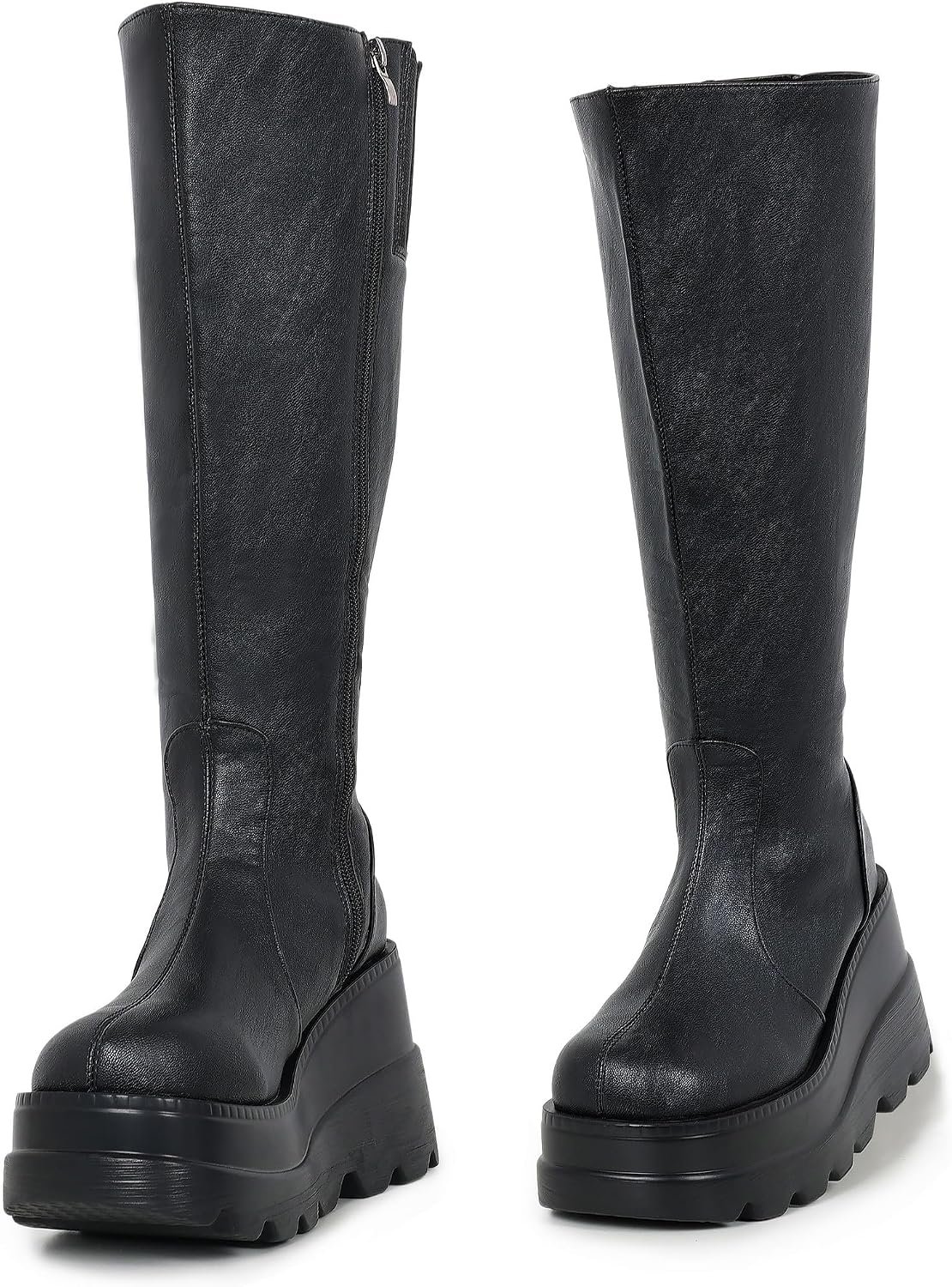 Gothniero High Platform Knee Boots Chunky Heel Wedge Black Boots For Women Combat Goth Punk Motorcycle Booties Zip up With Metal Buckles Size5-11