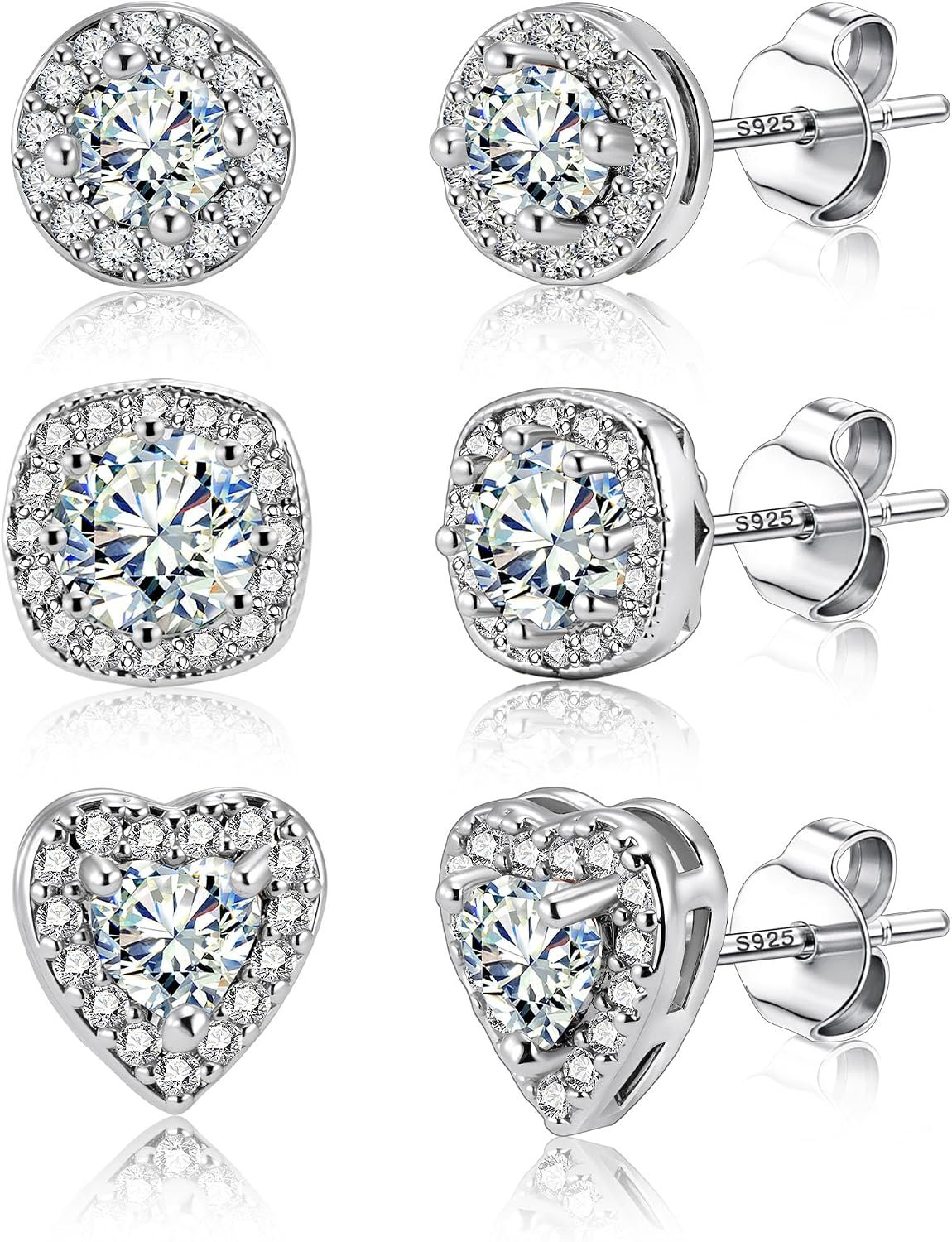 Hypoallergenic Silver Stud Earrings for Women Cubic Diamond Halo Heart Set