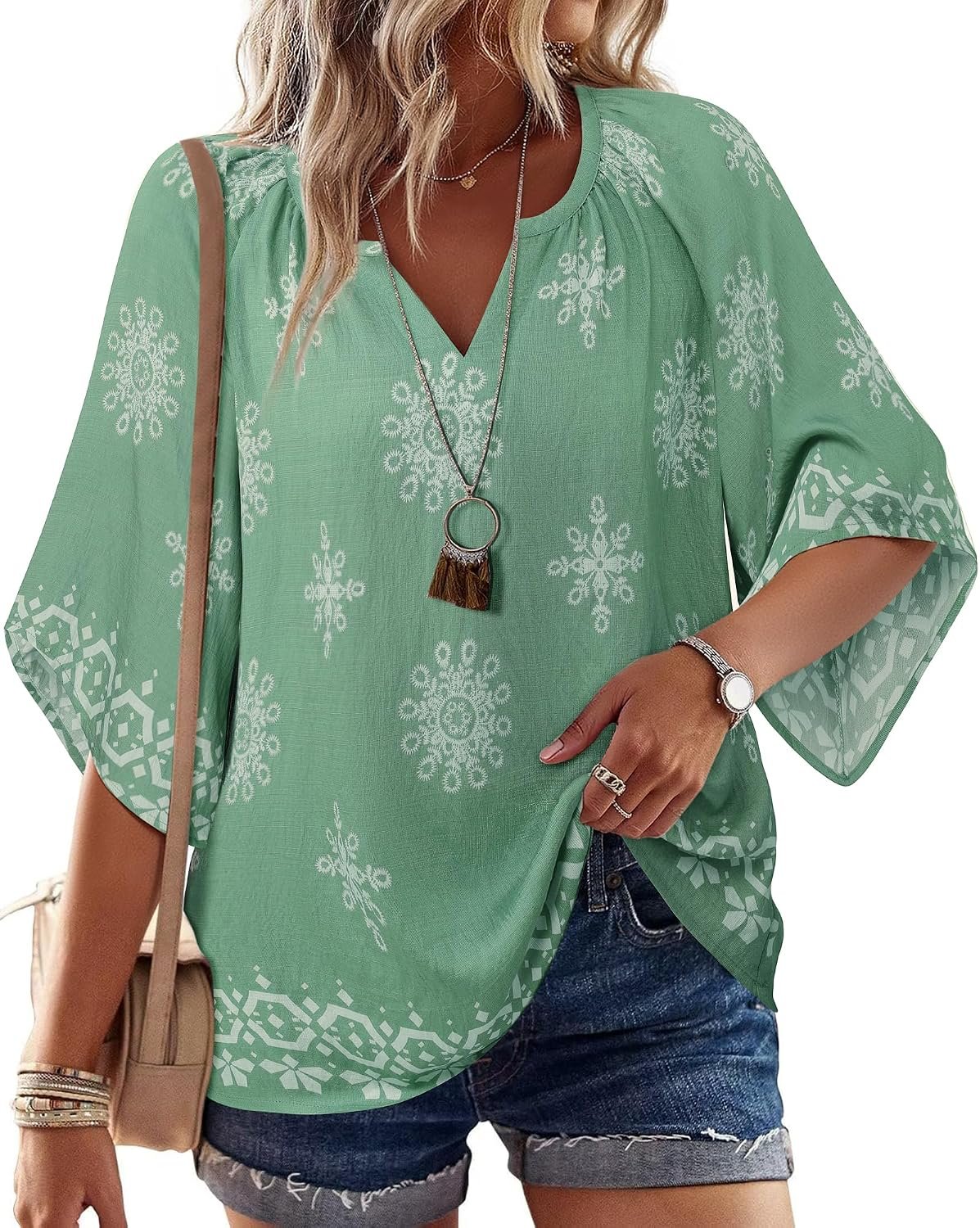 Bebonnie Womens 3/4 Sleeve V Neck Bohemian Peasant Blouses Casual Loose Fit Tunic Tops